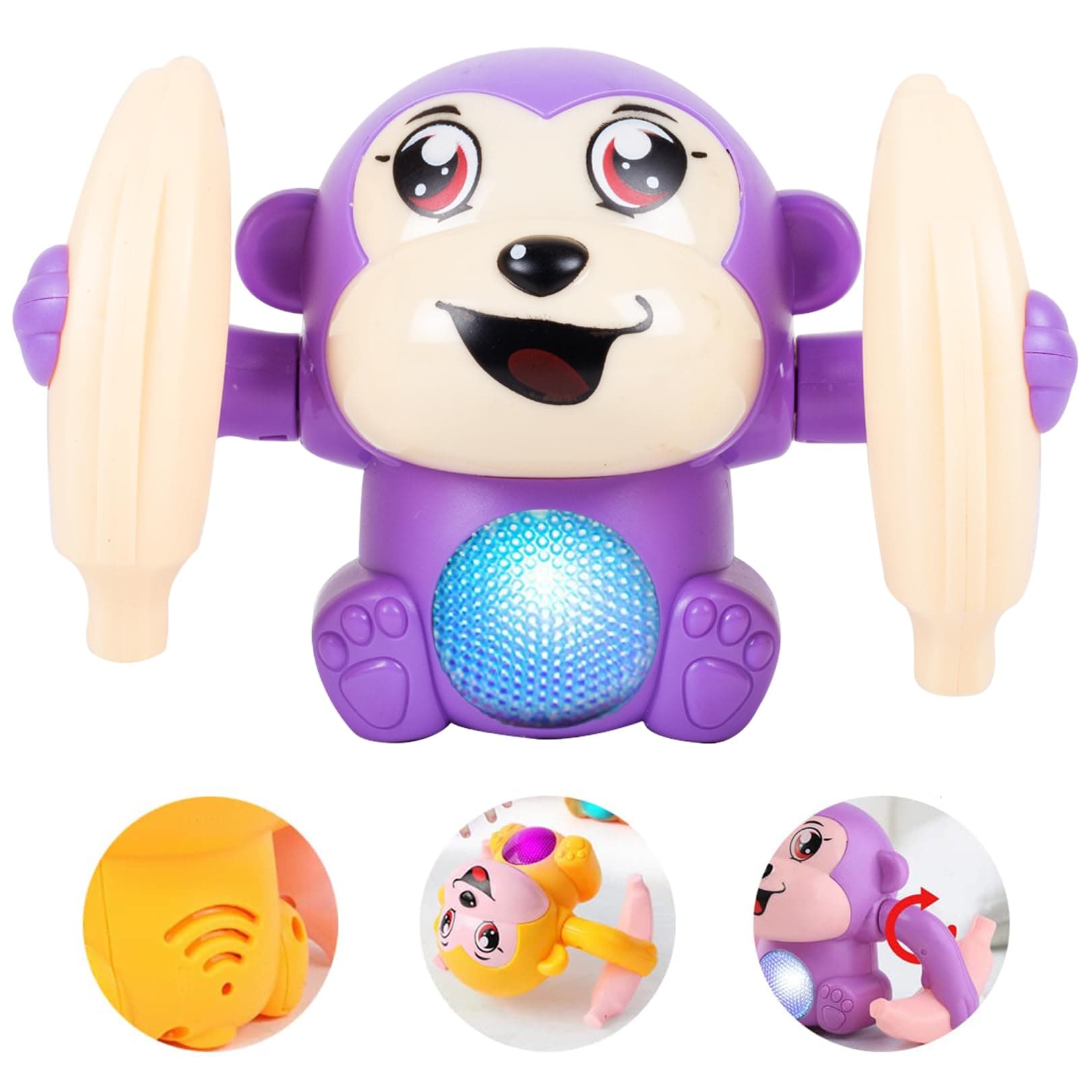 Gooyo GY-2029 Voice Control Banana Dancing Monkey Toy | Spinning, Rolling and Tumbling Toy for Kids with Bright LED Lights & Sound Effects | Purple | 3xAAA Battery (Not Included)