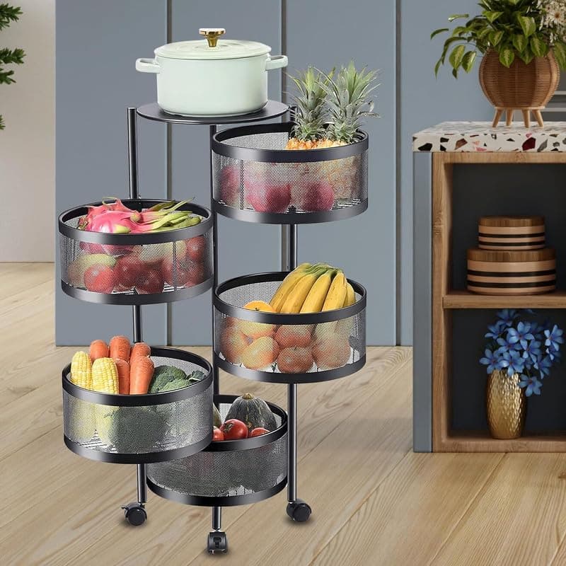 flymore Kitchen Trolley Round Onion Baskets for Storage Kitchen Accessories Items and Vegetable Basket for Kitchen Organizer Items and Storage Portable Kitchen Accessories with Wheels(Black,Layer-5)