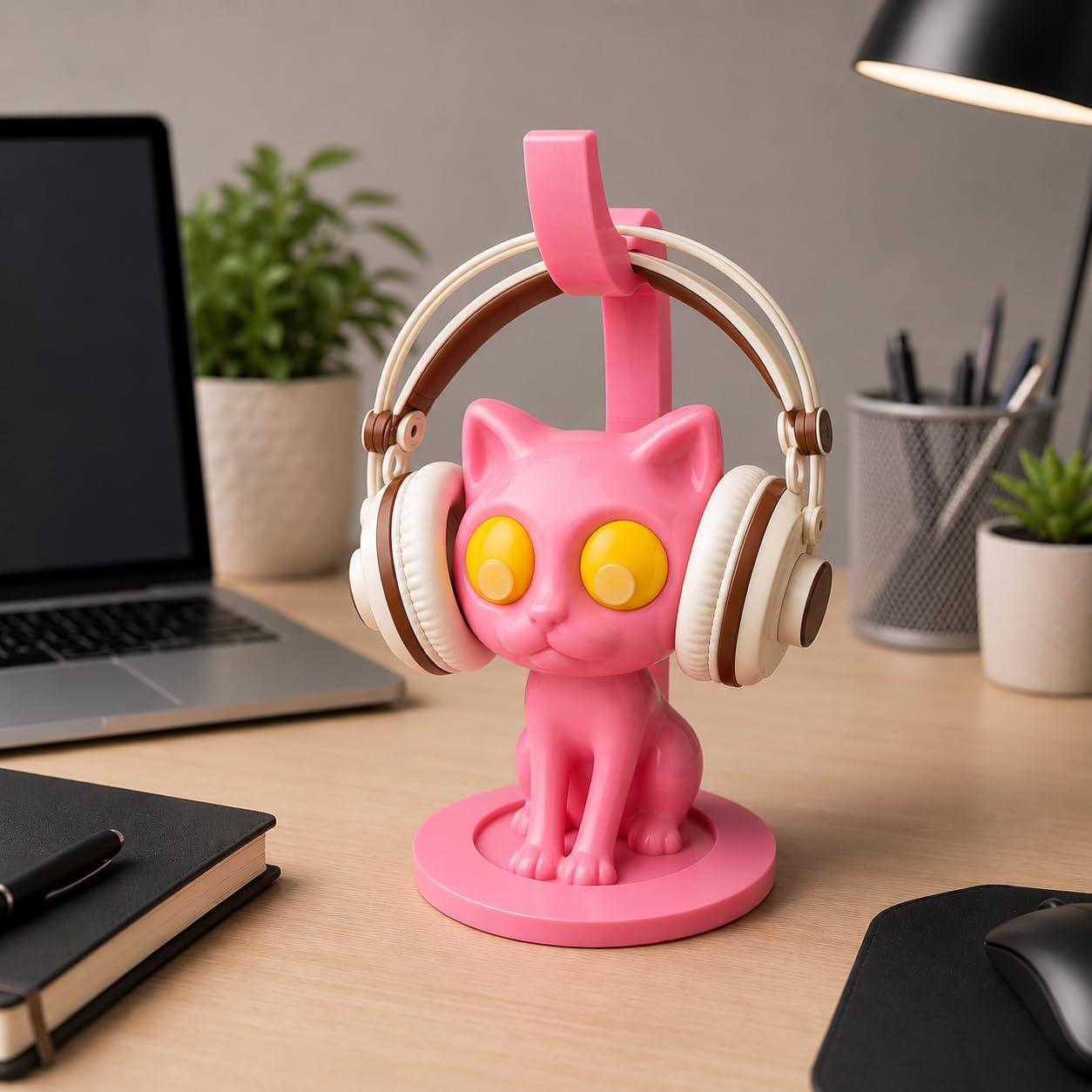 GIFTOG 3D Printed Cat Headphone Stand for Desk | Aesthetic Headset Stand & Holder | Cute Desk Organizer for Office & Gaming Setup | Premium Desktop Headphone Holder Gift (Baby Pink)
