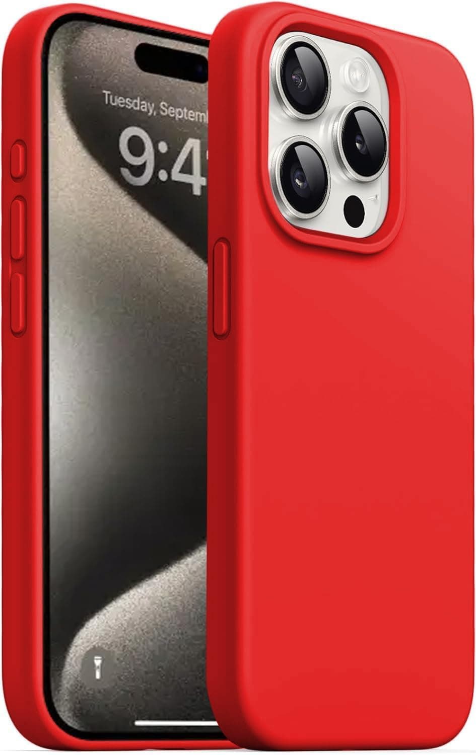DIZORO Compatible for iPhone 15 Pro Max Case 6.7, Slim Liquid Silicone Case 3 Layers Full Covered Soft Gel Rubber Phone Case Protective Cover 6.7 Inch - Red.