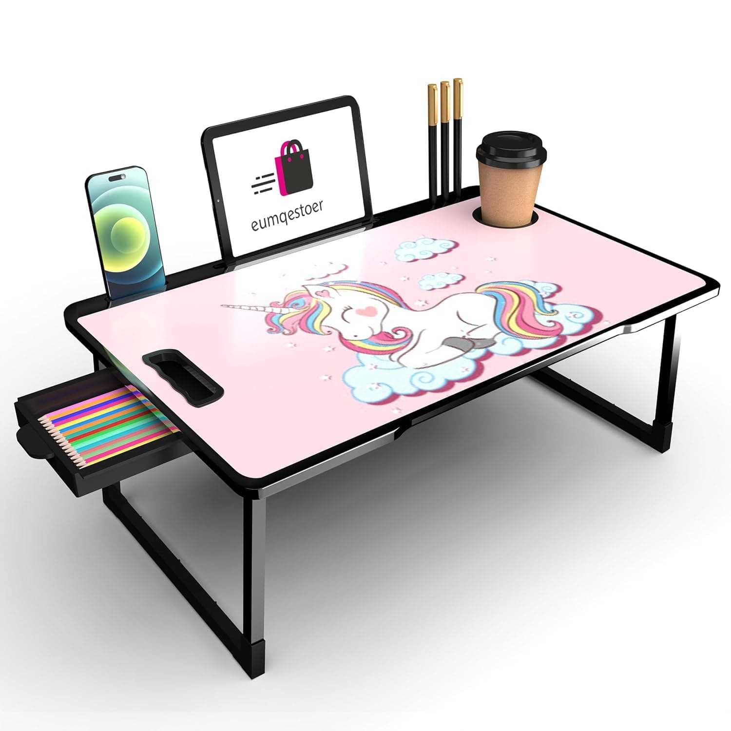 BRINKL Engineered Wood Multipurpose Foldable Laptop Table with Cup Holder | Table Home Study Writing Table, Foldable and Portable/Ergonomic Edges (UNICORN COTED 1)
