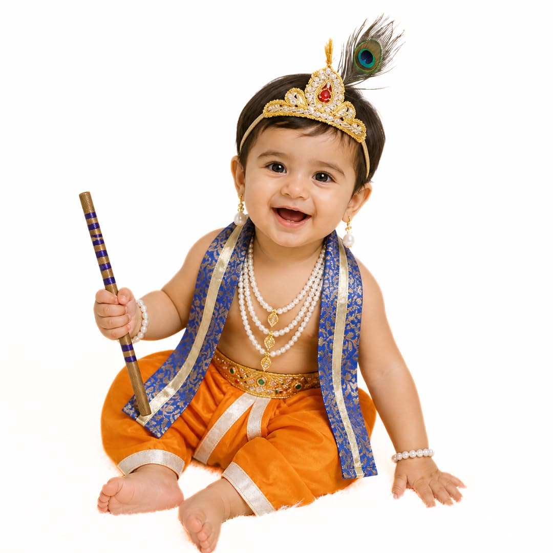 ITSMYCOSTUME Little Krishna Dress for Boys & Girls | Krishna Costume Set with Dhoti, Patka, 5 Layer Moti Mala, Mukut, Morpankh & Accessories | Janmashtami Fancy Dress for Kids - Orange
