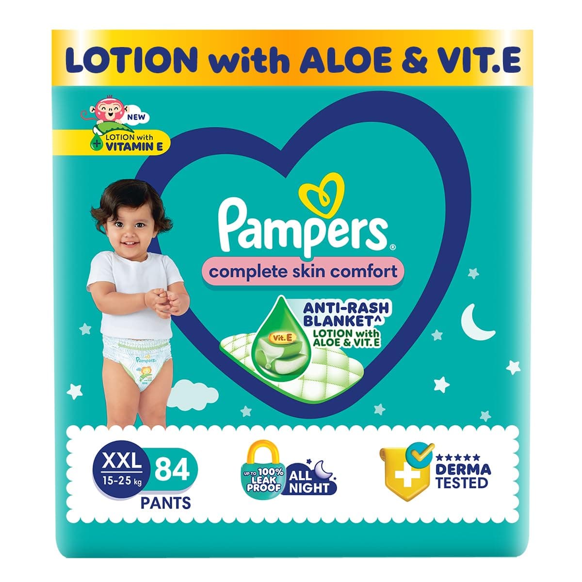 Pampers Complete Skin Comfort Pants, Anti-rash blanket, Lotion with Vitamin E & Aloe Vera, Ddouble Extra Large size baby Diapers, (XXL) 84 Count, 15-25 kg