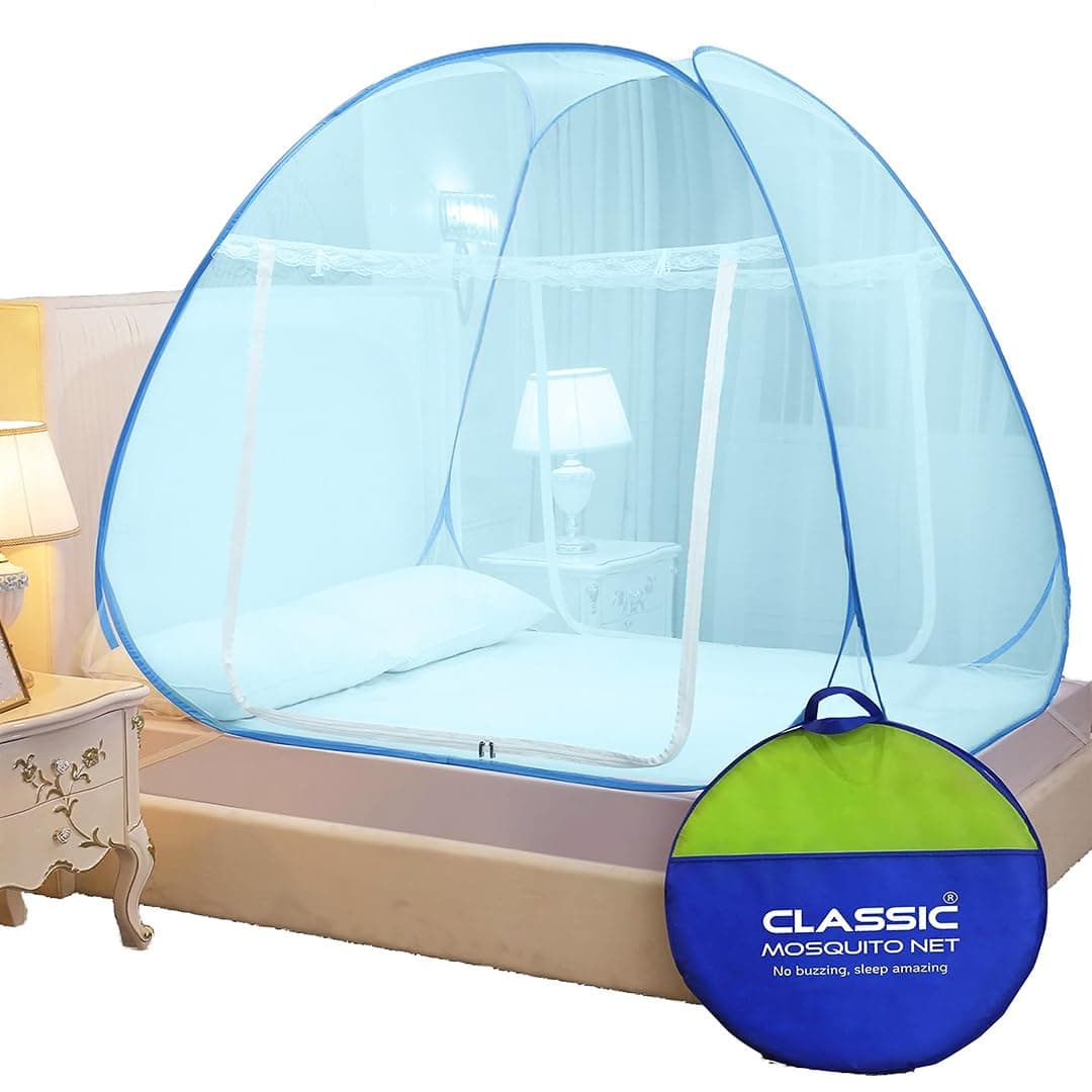 Classic Mosquito Net for King Size Bed | 30 GSM Polyester Fine Mesh | Foldable Pop Up Machardani for Double Bed | 360° Mosquito & Insect Protection | Washable & Reusable | Full Blue