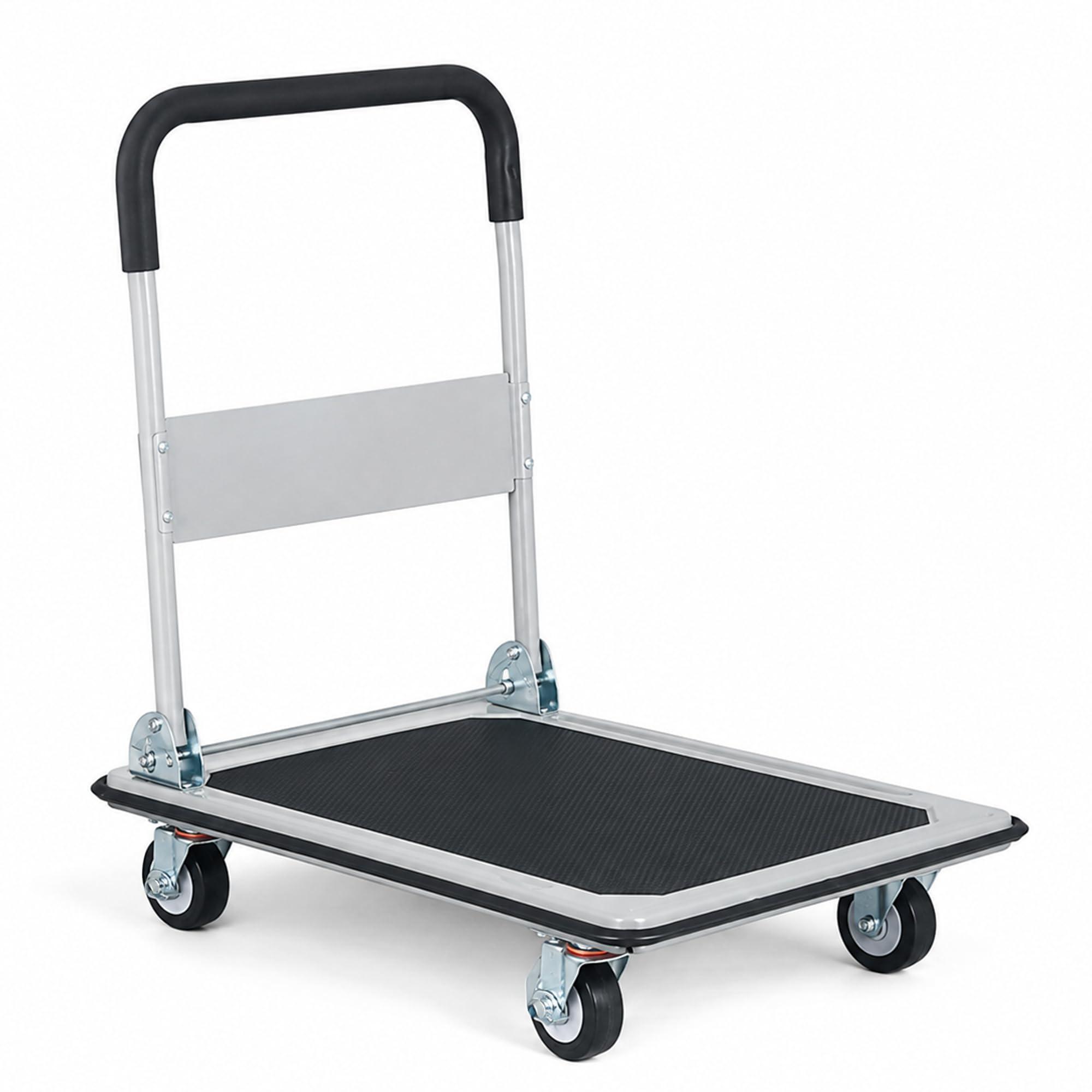 Bonkaso Heavy Duty Metal Platform Truck 300 Kg Load Capacity, Foldable Handle, Anti-Slip Deck, Locking Caster Wheels, Grey Warehouse Material Handling Trolley for Cartons, Luggage, Office Files