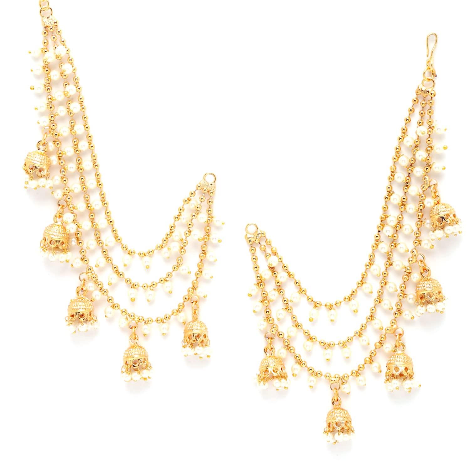 ZENEME Traditional Brass 18 K Gold Plated Wedding Jewellery Bahubali Inspired Long Chain Jhumki Earrings for Women and Girl (Design 3)