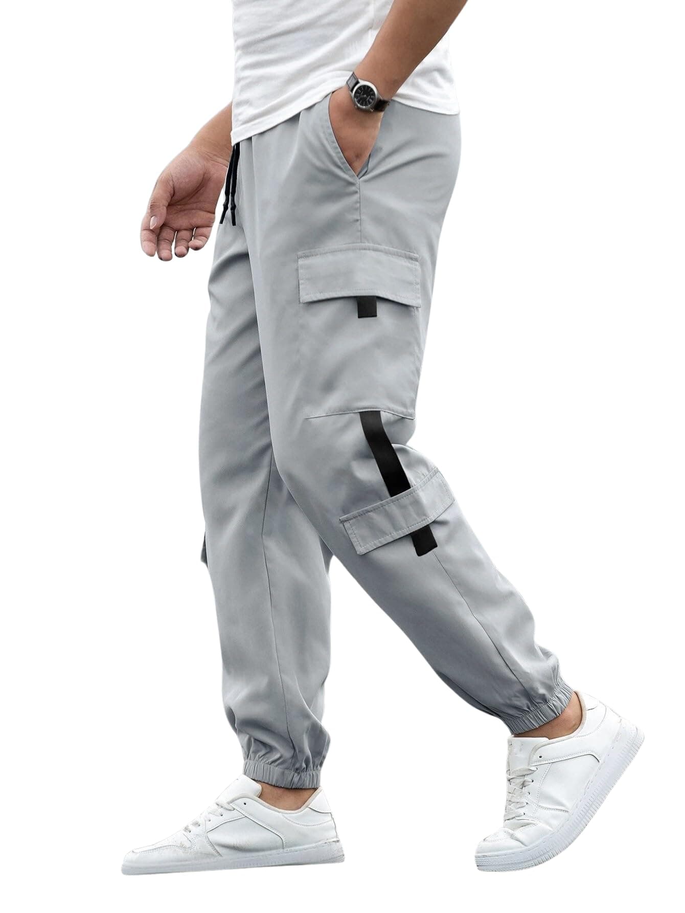 Lymio Men's Fashion Regular Fit Mid Rise Solid Cargo Jogger Pants Light Grey (TP-06-Grey-L)