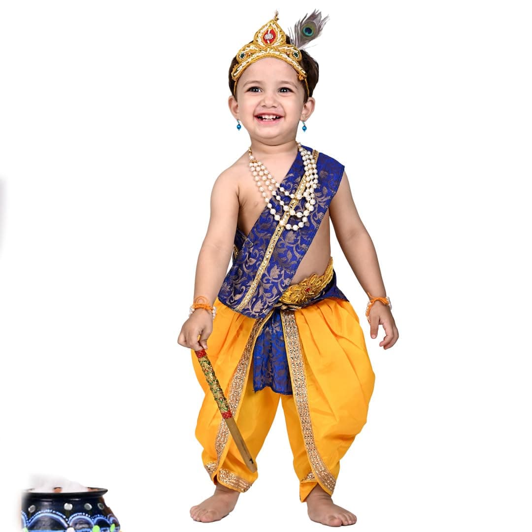 ITSMYCOSTUME Krishna Dress for Baby Boy & Kids. Complete Set with Dhoti,Hip Cover,Patka and 7pcs Jewellery. Little Krishna Ji/Kanha/Janmasthmi Costume