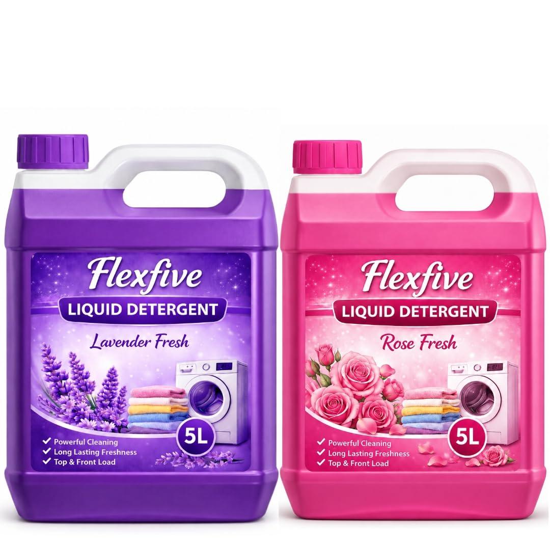 Flexfive Liquid Detergent 10L, Lavender Fresh & Rose Fresh Fragrance, Powerful Stain Cleaning, Long Lasting Freshness, Suitable for Top Load & Front Load Washing Machines