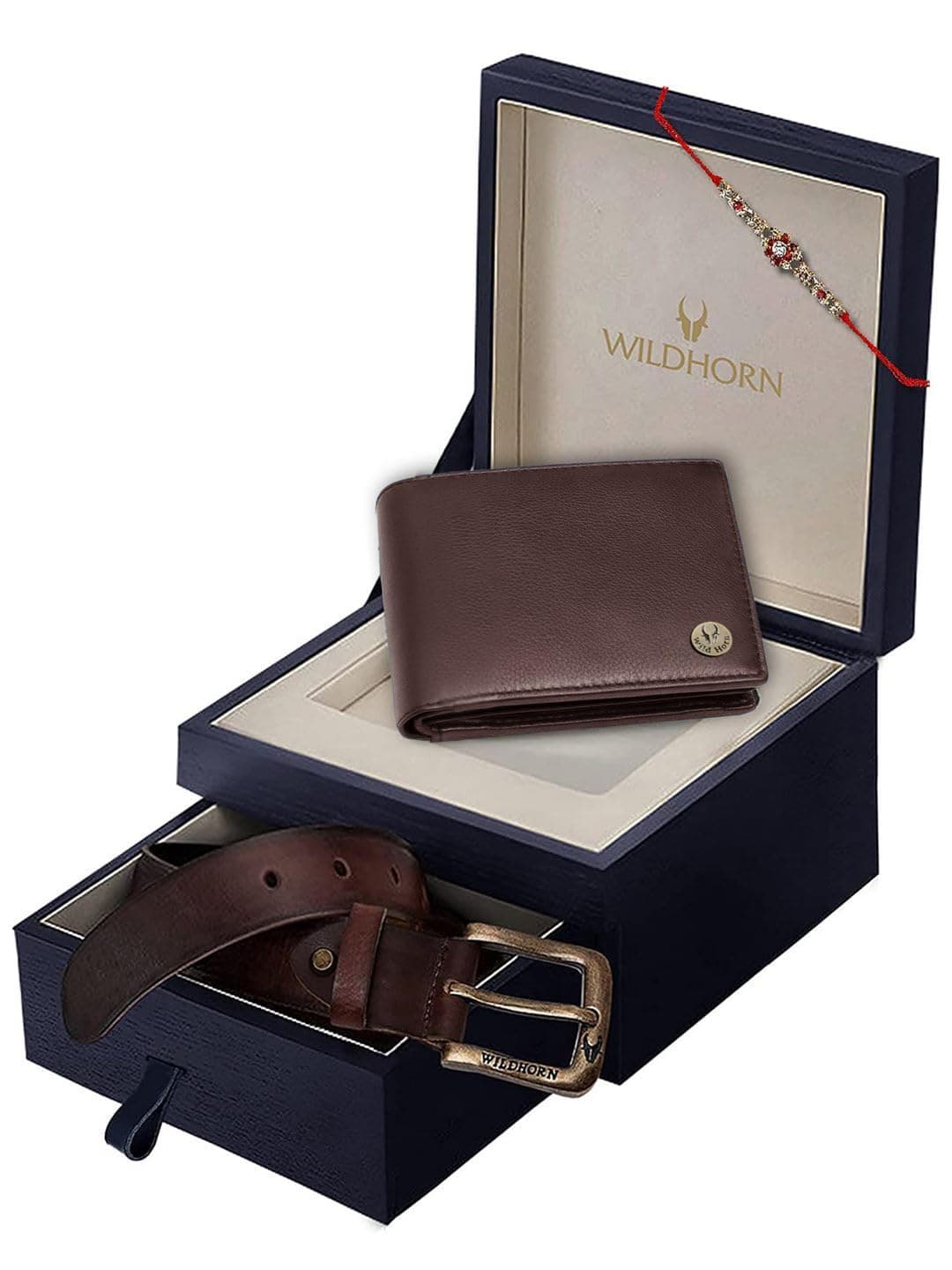 WildHorn Rakhi Gift Set for Brother - Premium Men's Combo | Gift Set of Leather Wallet & Belt & Rakhi with an Unique Slider Gift Box for Brother (Brown PDM)