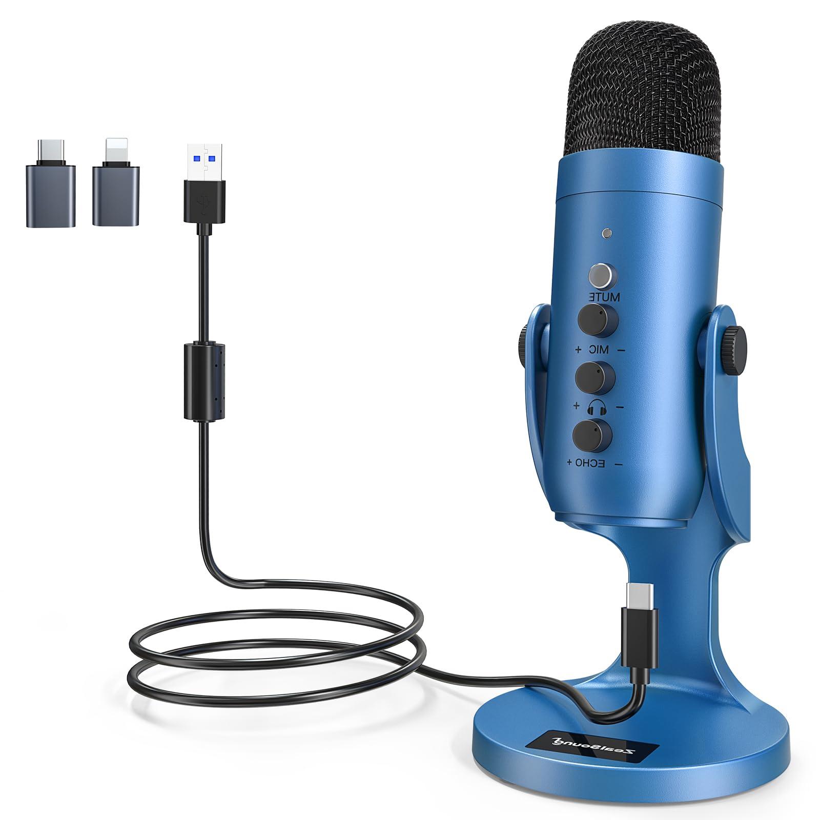 zealsound USB Microphone, Condenser Computer Mic, Plug & Play Gaming Microphone for Phone/PS4/PS5, Headphone Output, Volume Control, Mic Gain Control, Mute Button, YouTube Podcasting on Windows(Blue)