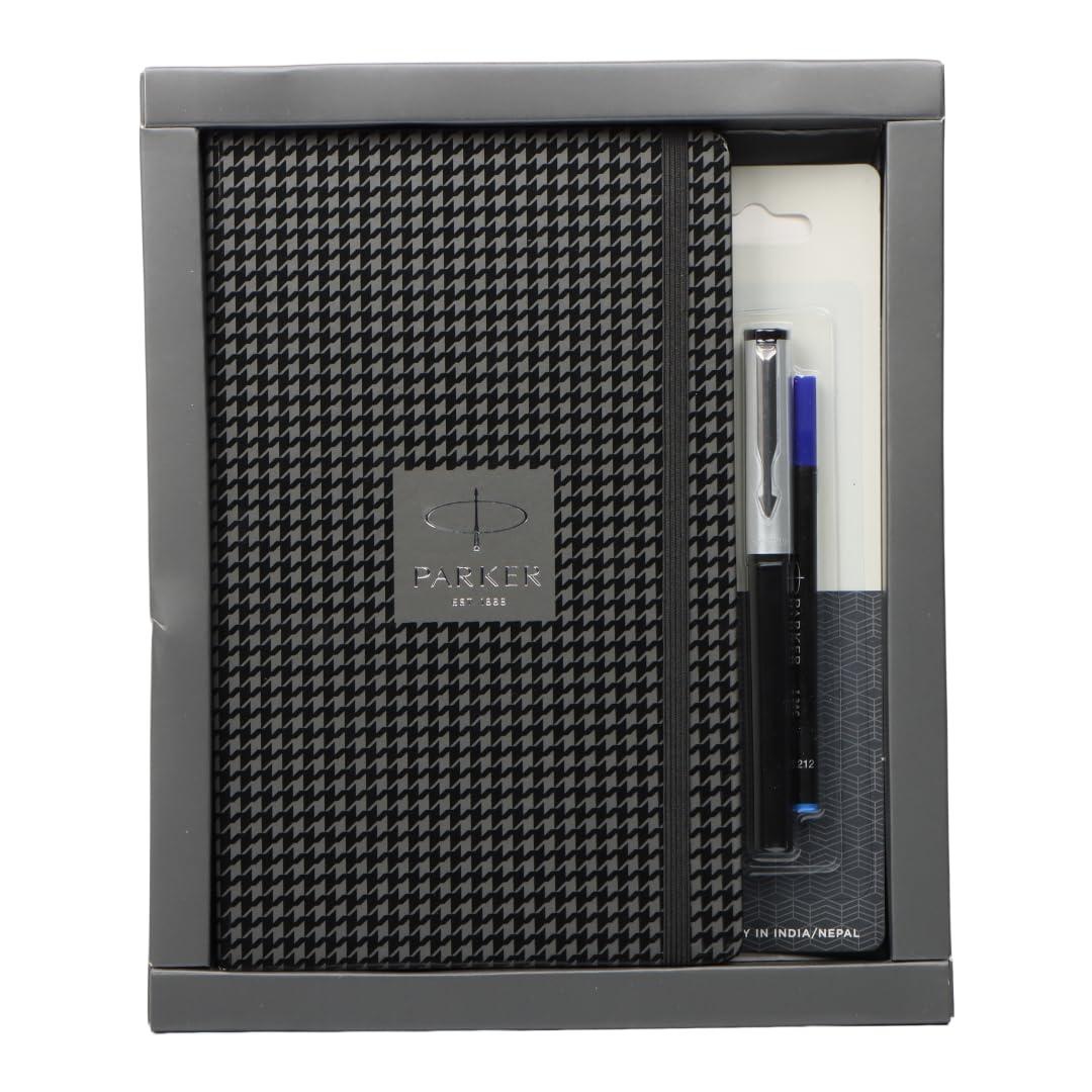 Parker Gift Set - (Parker Beta Premium Chrome Trim Roller Ball Pen with Houndstooth Print Parker Notebook) | 1 Pen + 1 Parker Note Book| Ink Color - Blue | Gifts for Employees | Perfect for Corporate