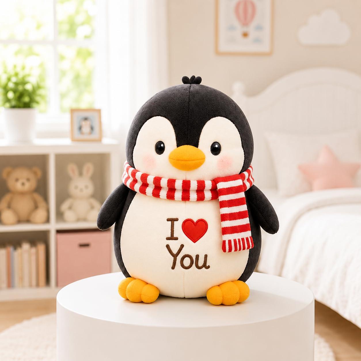 Babique Penguin Plush Toy with Scarf 30 cm – Cute Stuffed Penguin Soft Toy with I Love You Embroidery, Plush Doll for Kids, Girls & Gifts