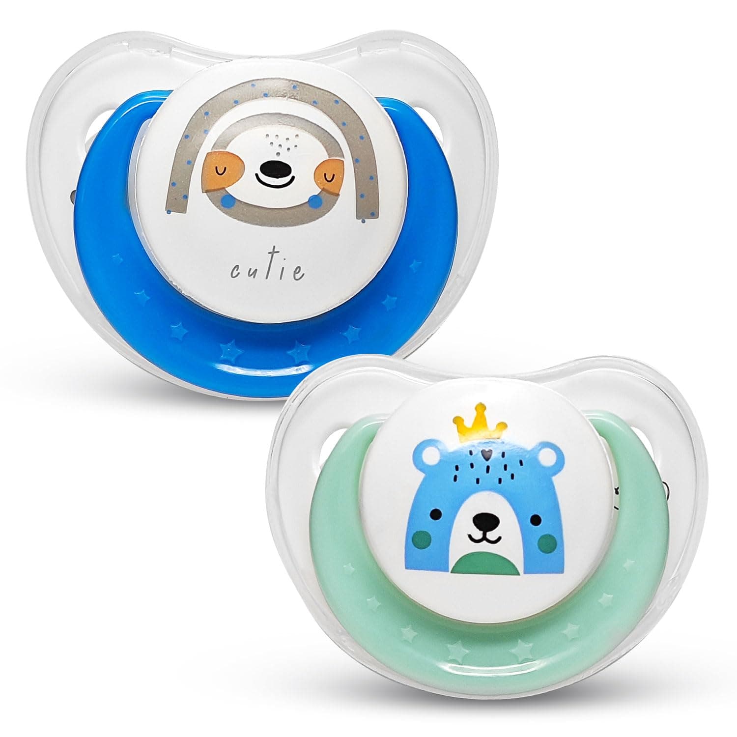 Mee Mee Pacifier Ultra Light Soft Silicone Nipple | BPA Free | Oral stimulatory | Teether | Air Flow Shield Pacifier for Babies with Cute Prints Pack of 2 (Green & Blue)
