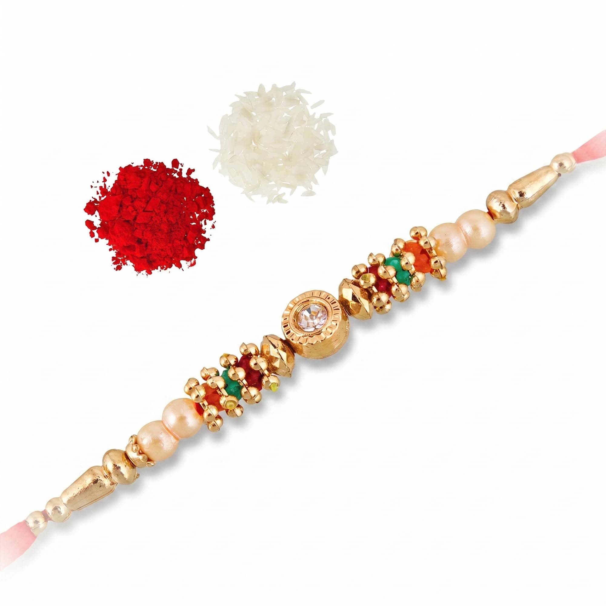 Lucky Jewellery Designer Gold-Toned Rakhi for Brother with Crystal Centerpiece | Complete Rakhi Set with Roli, Chawal (19-S7R1-EA0438)