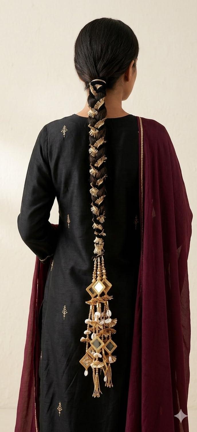 Virat Paranda Golden Traditional Paranda, Bridal Hair Braid Accessory with Mirror Work and Tassels