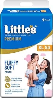 Little's Premium Baby Diapers XL Size (Extra Large) Pants Style | 12-17 kg | 54 Count | Super Jumbo FluffySoft Baby Diaper with Leakage Guard, Wetness Indicator & 12 Hours Absorption
