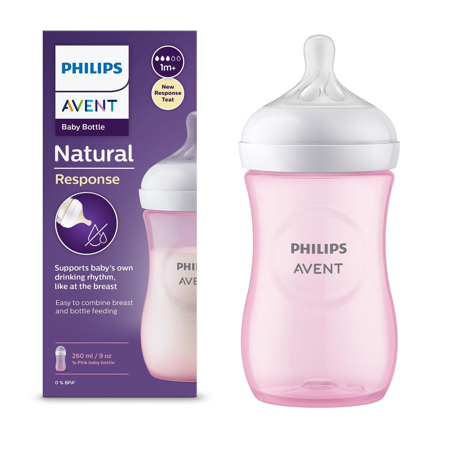 Philips Avent Natural Response 3.0 Plastic Baby Feeding Bottle | 260ml | No.1 Brand Recommended by Moms Worldwide | Ideal for 1 months+| Mimics Breastfeeding | Uniquely Designed Nipple | Pack of 1 | Pink | SCY903/11