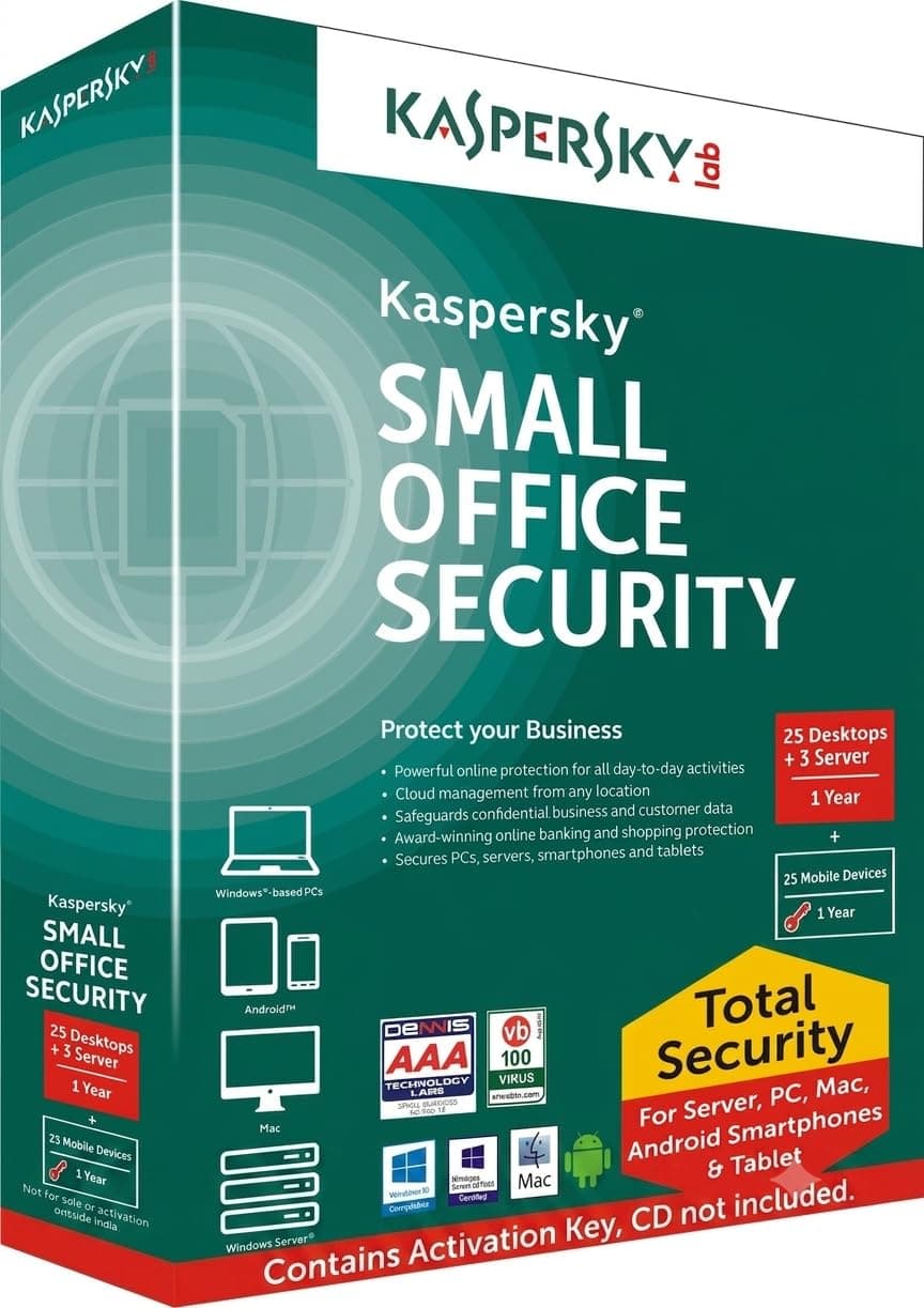 Kaspersky Small Office Security Latest Version- 25 PCs + 3 File Server + 25 Mobile Devices 1 Year (Voucher, No CD)