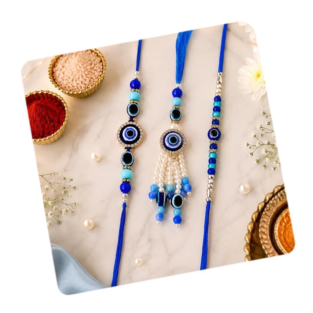 CraftVatika Evil Eye Rakhi Set of 3 for Brother Bhabhi Kids, Rakhi Set of 3 for Bhaiya Bhabhi Kids, Rakhis for Men Women, Evil Eye Lumba, Elephant Rakhis for Kid with Best Wishes Card