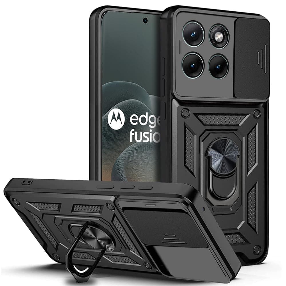 AESTMO Tough Armor Moto Edge 70 Fusion 5G Bumper Back Case Cover | Ring Holder & Sliding Camera Shield Cover | 360 Degree Protection Back Case Cover for Moto Edge 70 Fusion 5G (Black)