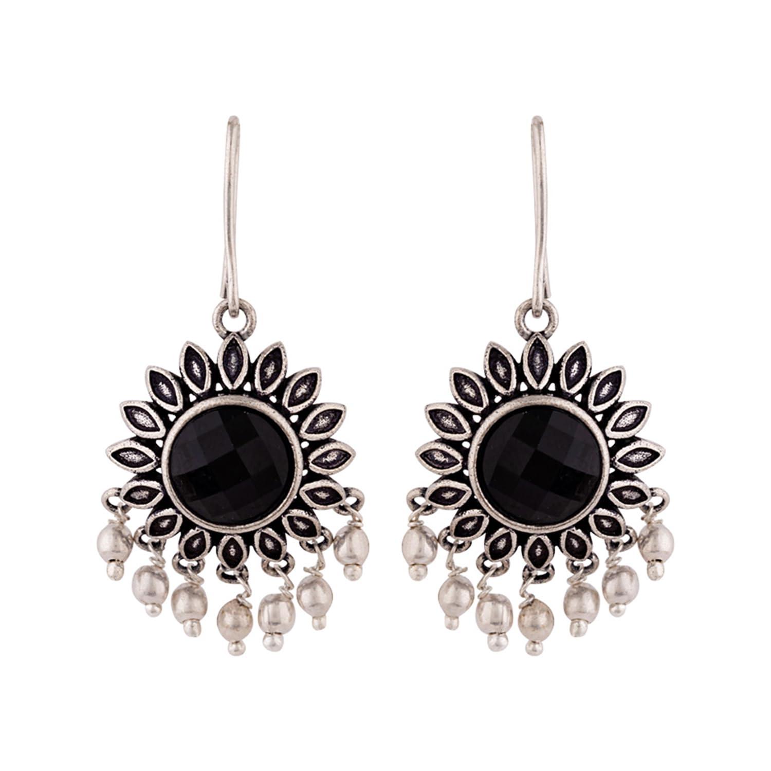 Voylla Brass Oxidized Silver Plating Flower Shape Dangler Earrings with Black Stone for Women and Girls