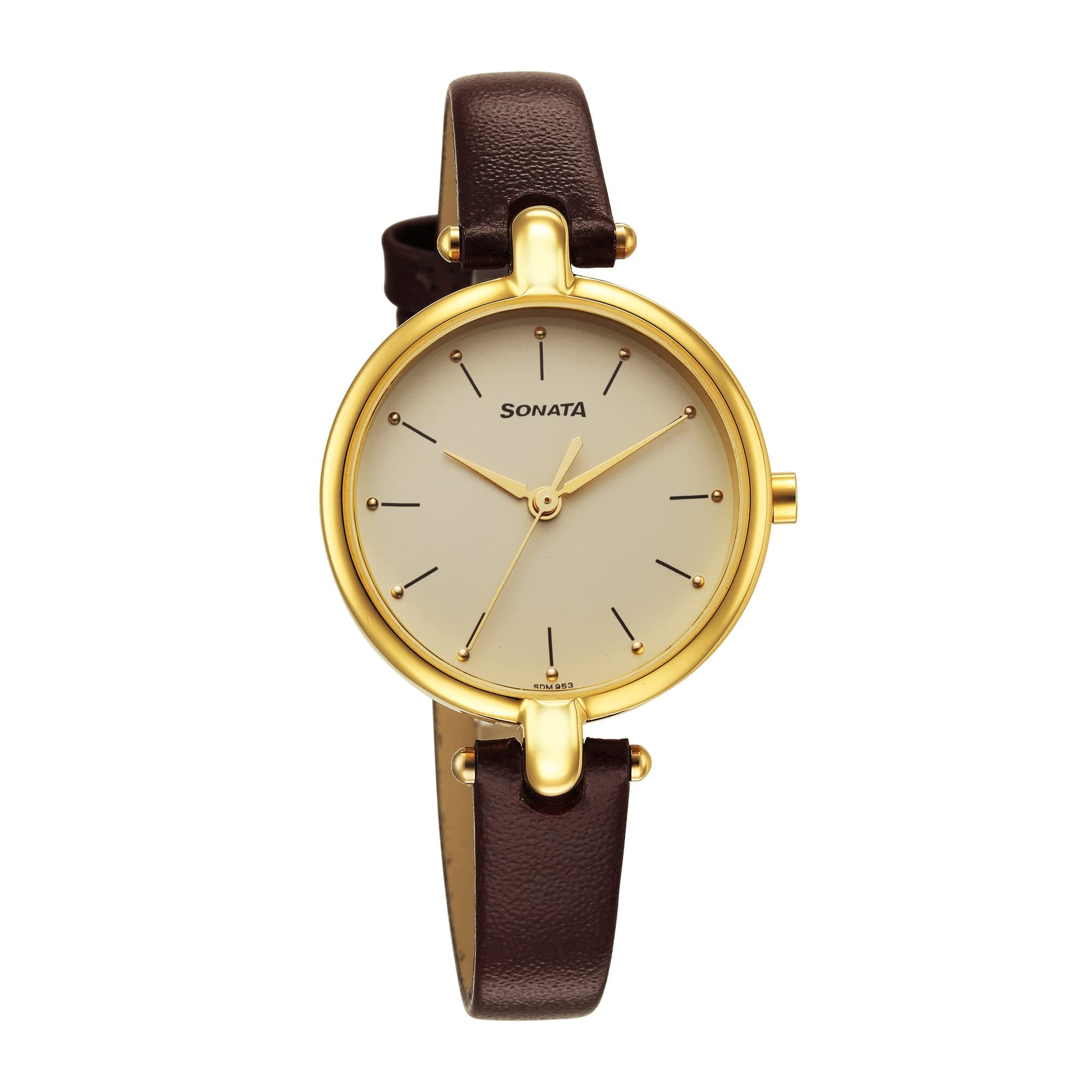 Sonata Gold Edit Quartz Analog Champagne Dial Brown Leather Strap Watch for Women - NR87043YL02W