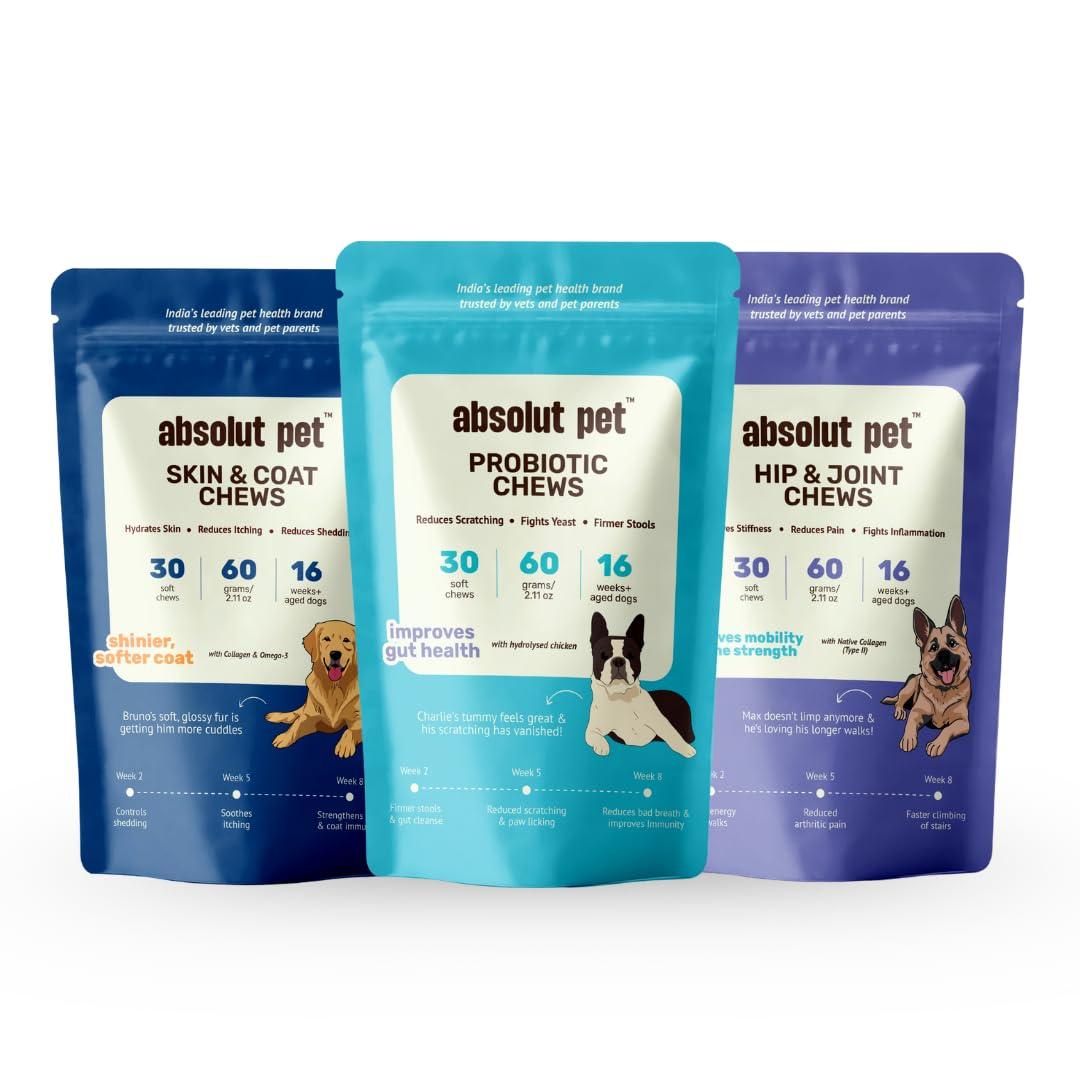 Absolut Pet Dog Chews Combo, Probiotic, Hip Joint, Skin Coat | 90 Chews