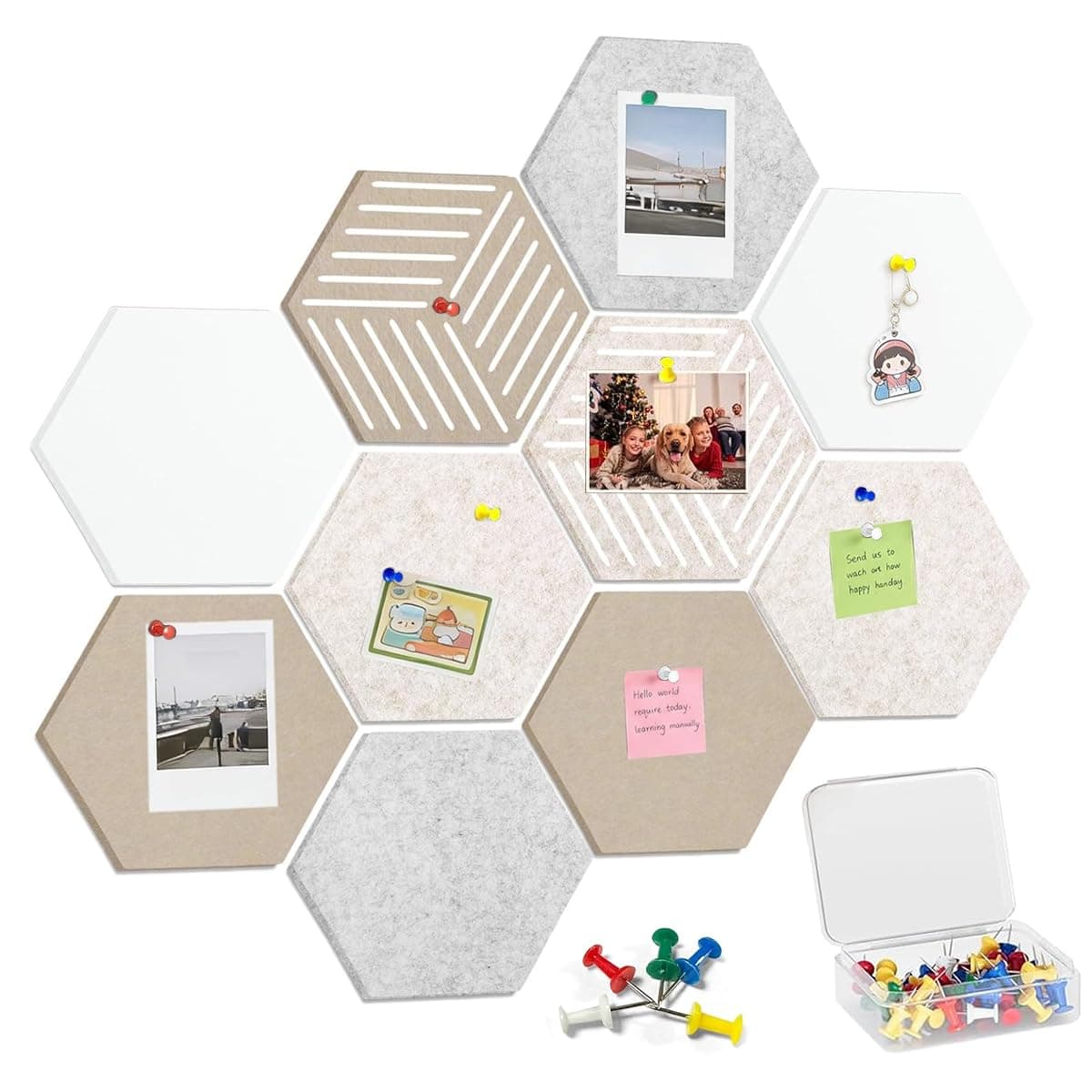 Climberty® 10Pcs Felt Bulletin Board Tiles with 50 Thumbtacks, Hexagon Vision Board Wall Decor, Self-Adhesive Photo Pin Board Panels for Notes, Office & Home DIY Display