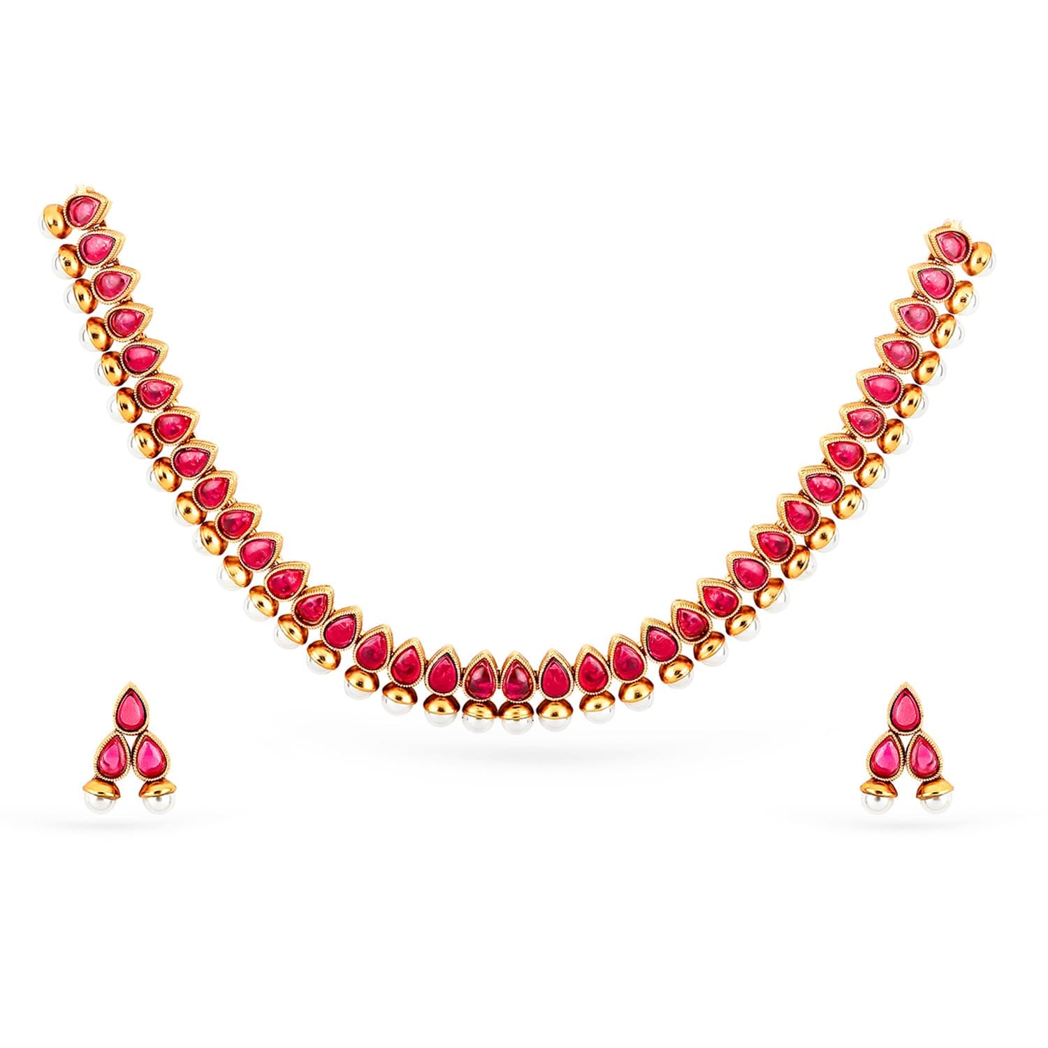Rubans Womens 22K Gold-Plated Red Stone & Pearl Beaded Traditional Jewellery Set
