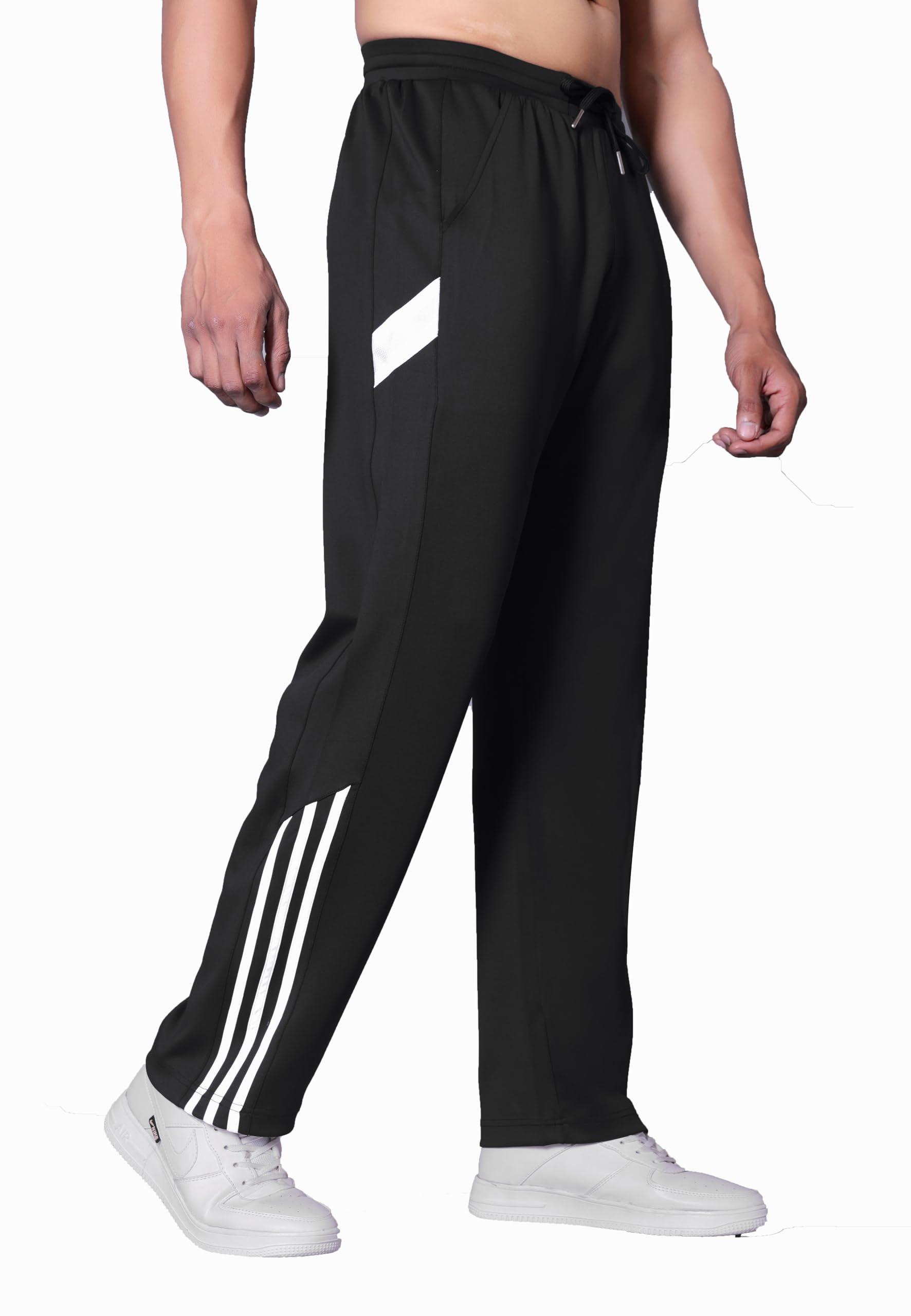 Flapfit Men's Striped Pattern Spandex Track Pant with Full Length Drawstring Closure Type and Loose Fit Jogger Style Black