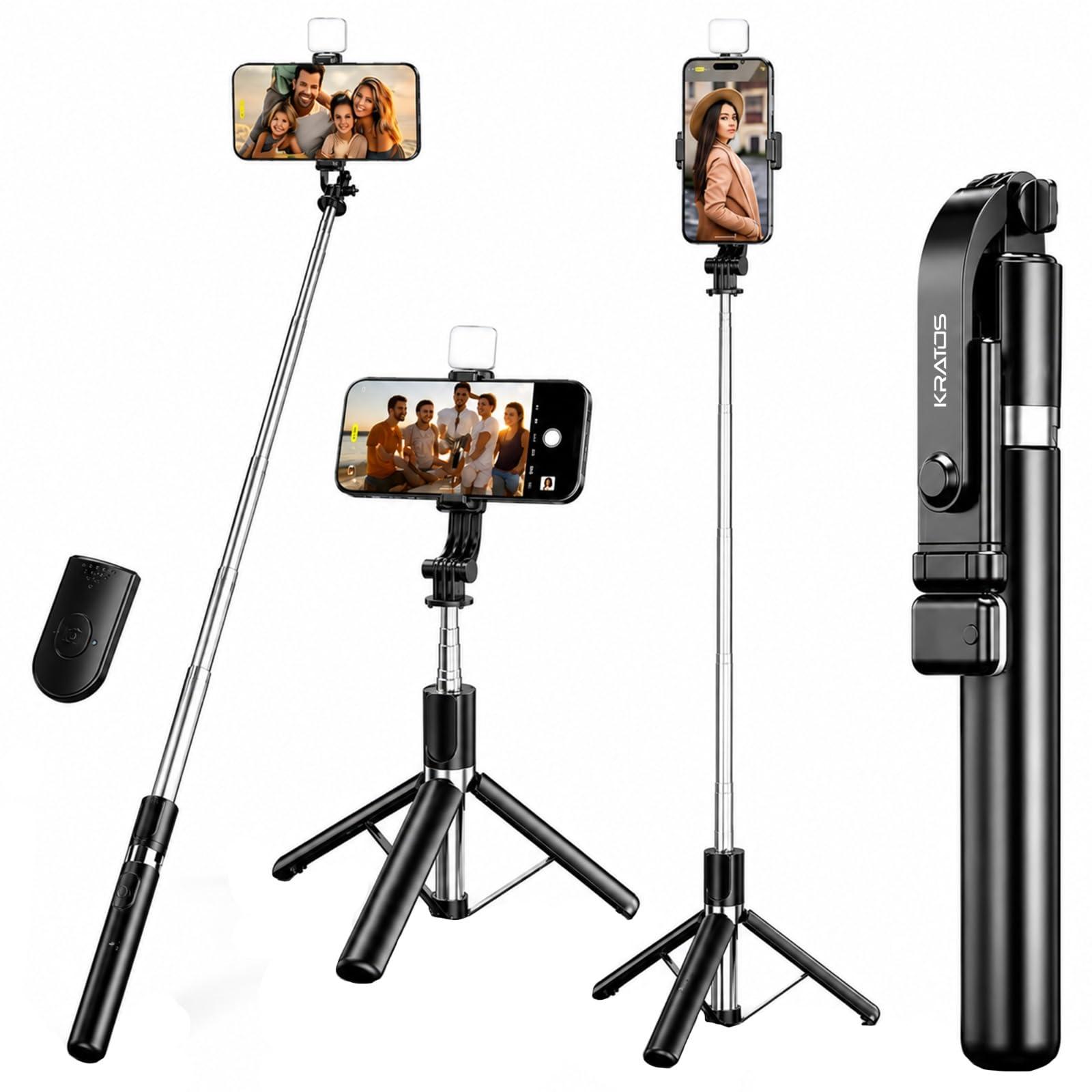 Kratos 2026, Premium K9 Selfie Stick Tripod with Light, 67 inch /170CM Tripod for Mobile Phone, Multi-Functional Bluetooth Long Selfie Stick for Travel, Vlogging, Compatible with All Mobile Phones