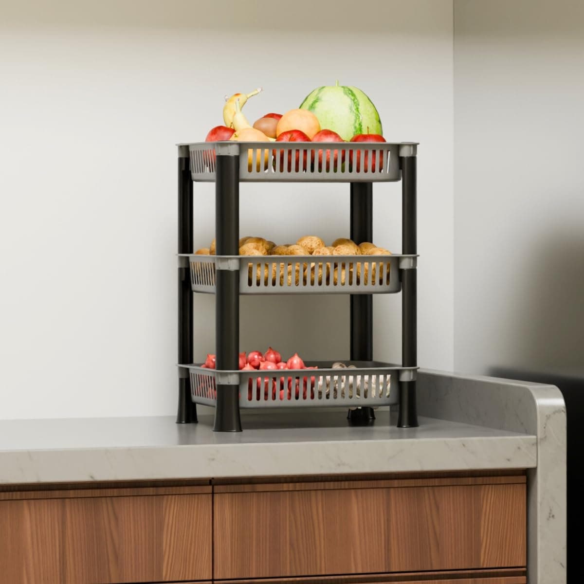 Biltoxi Kitchen Storage Rack | Vegetable & Fruit Basket Organizer Stand | Space Saving Kitchen Trolley Shelf for Onion, Potato, Grocery Storage (3 Layer, Silver)
