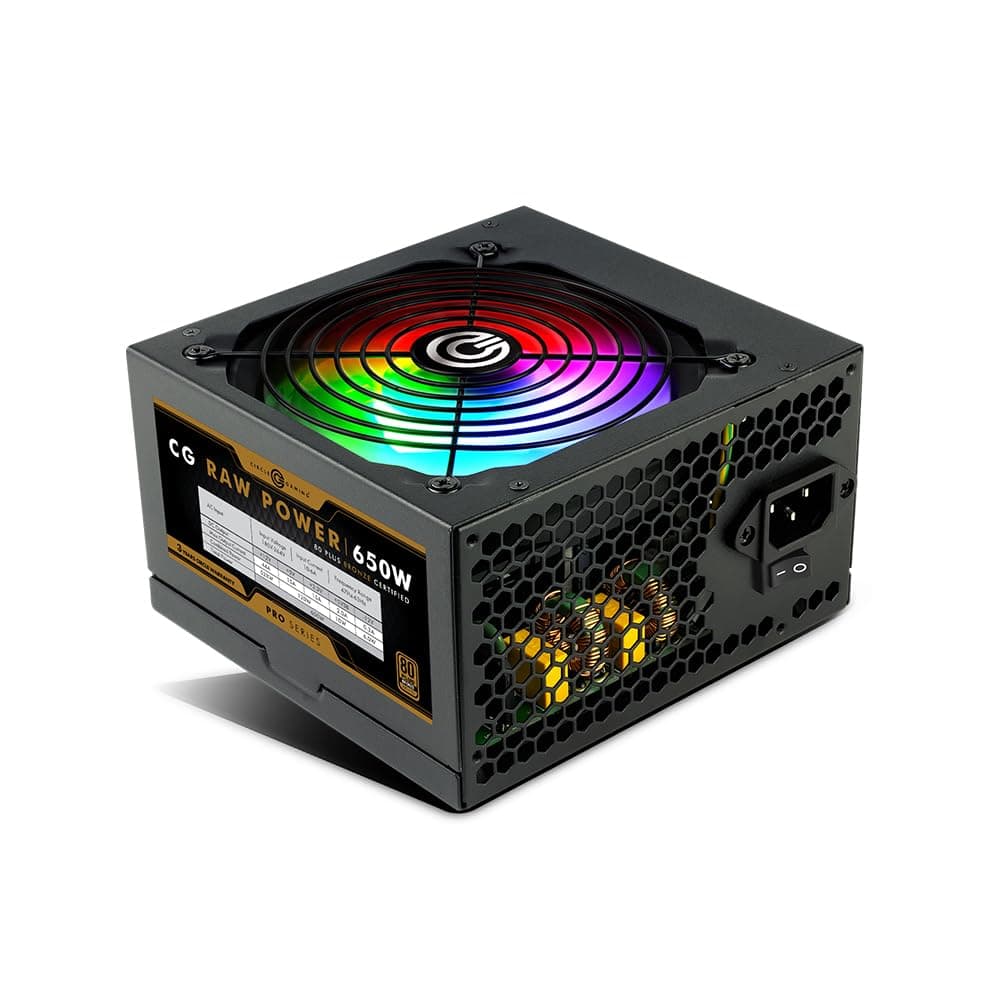 Circle CG RAW Power 650 WATTS Gaming Power Supply/PSU - Non-Modular | 80 Plus Bronze Certified | 120mm RGB Fan | with Active PFC, Flat Black Cables | 650 Watt -Black