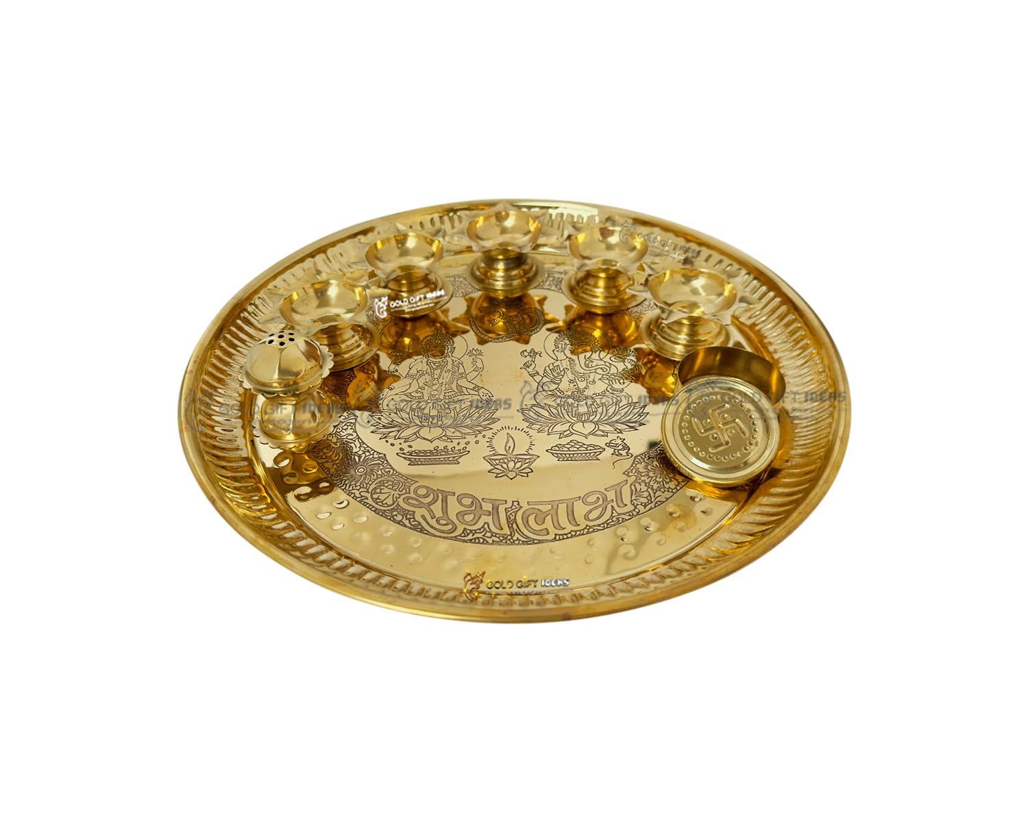 GoldGiftIdeas 12 Inch Brass Premium Laxmi Ganesh Pooja Aarti Thali Set for Gift, Pooja Thali Decorative, Pooja Article for Gift, Brass Pooja Plate for Diwali Puja, Wedding Gift