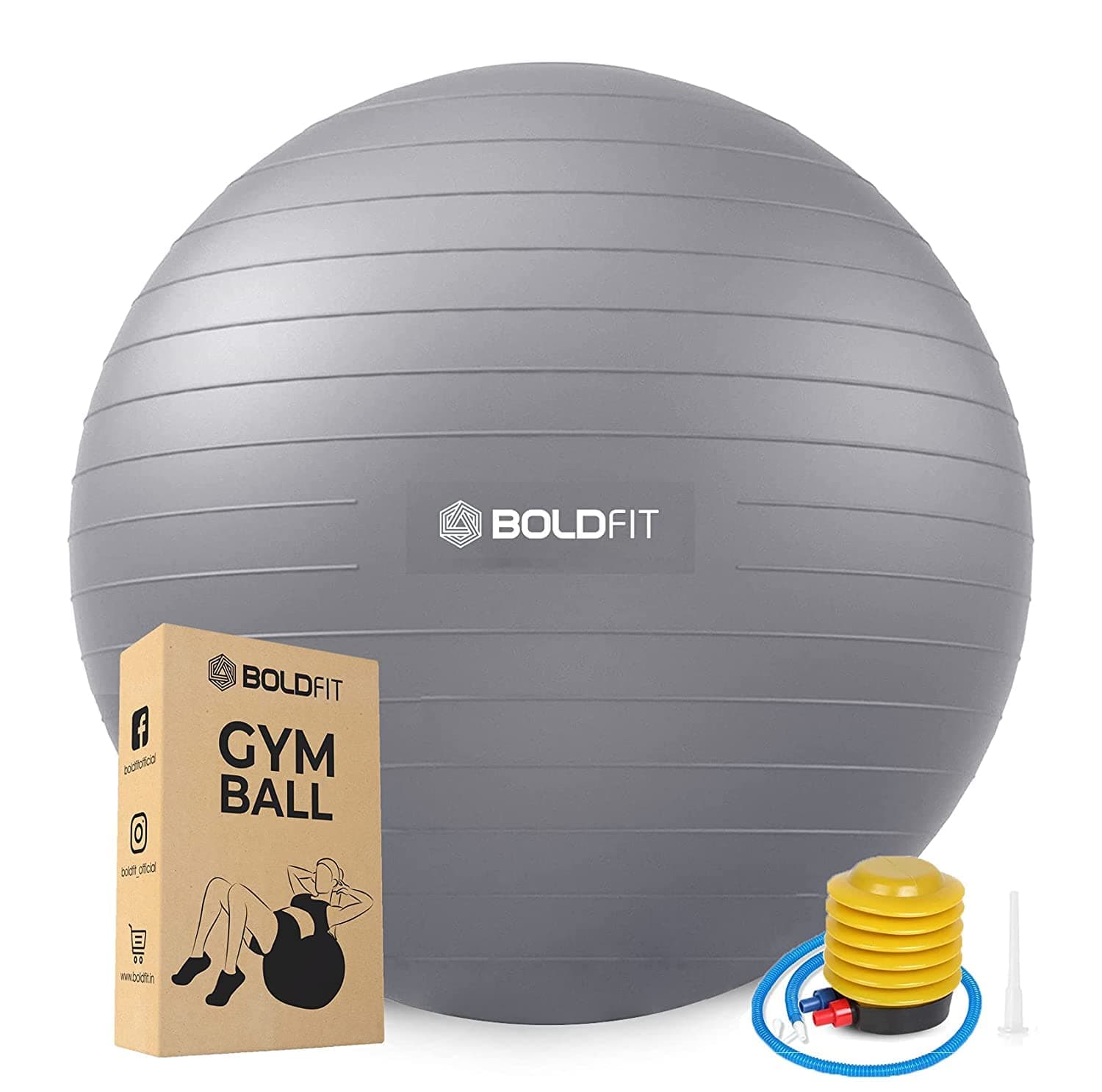 Boldfit Gym Ball for Exercise with Foot Pump for Workout, Yoga for Women and Men Swiss Ball for Balance Stability Training, Fitness 75Cm-Grey
