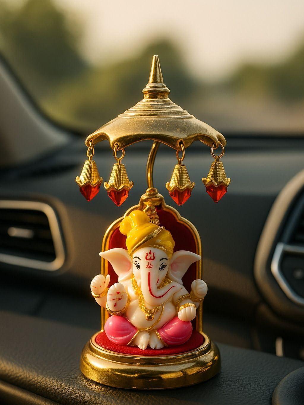 SVGG DECORS Decorative Multicolor Stone Work Singhasan with Pagri Ganesh Ji Murti, Chhatra/Umbrella for God, Singhasan for Small Idol Suitable for Home, Temple & Car Dashboard-(6 Inches), Idol