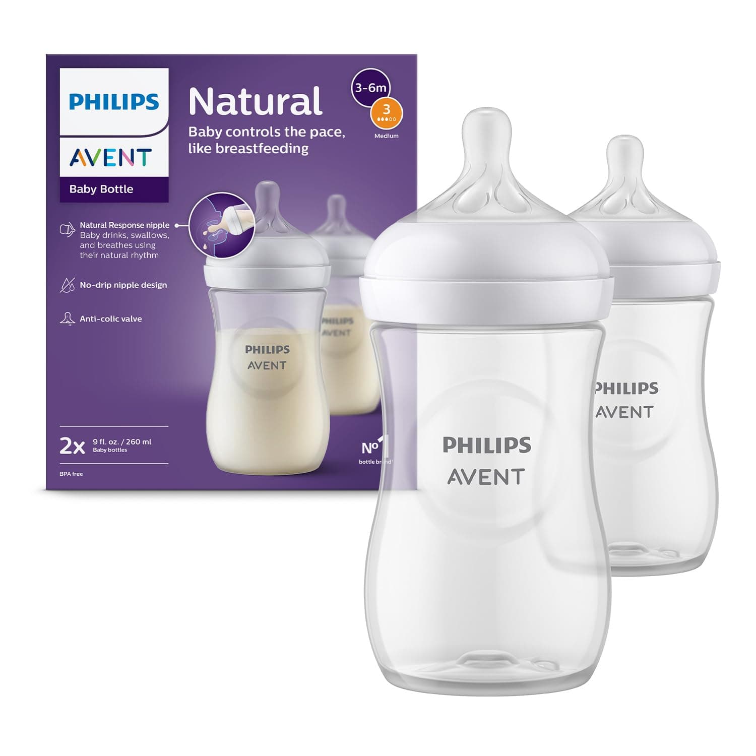 Philips Avent Natural Response Baby Feeding Bottle 260ml, Pack of 2 | BPA-Free Baby Milk Feeding Bottles with Anti-Colic Valve & Natural Response Teat | 3 Month+ Babies | SCY903/02