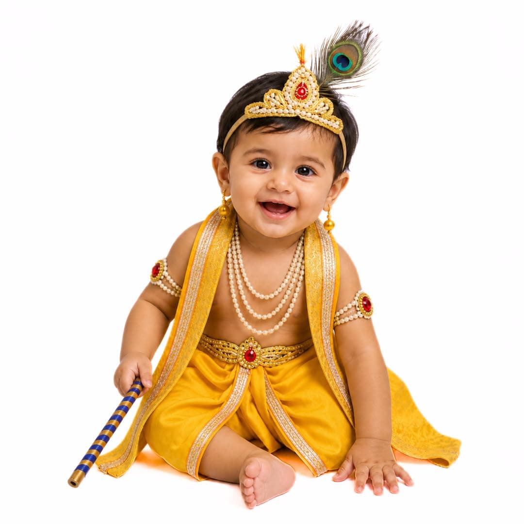 ITSMYCOSTUME Krishna Dress for Baby Boys & Girls | Little Krishna Costume Set with Dhoti, Mukut, Morpankh, Bansuri, Patka & Accessories | Janmashtami Fancy Dress for Kids (Yellow)