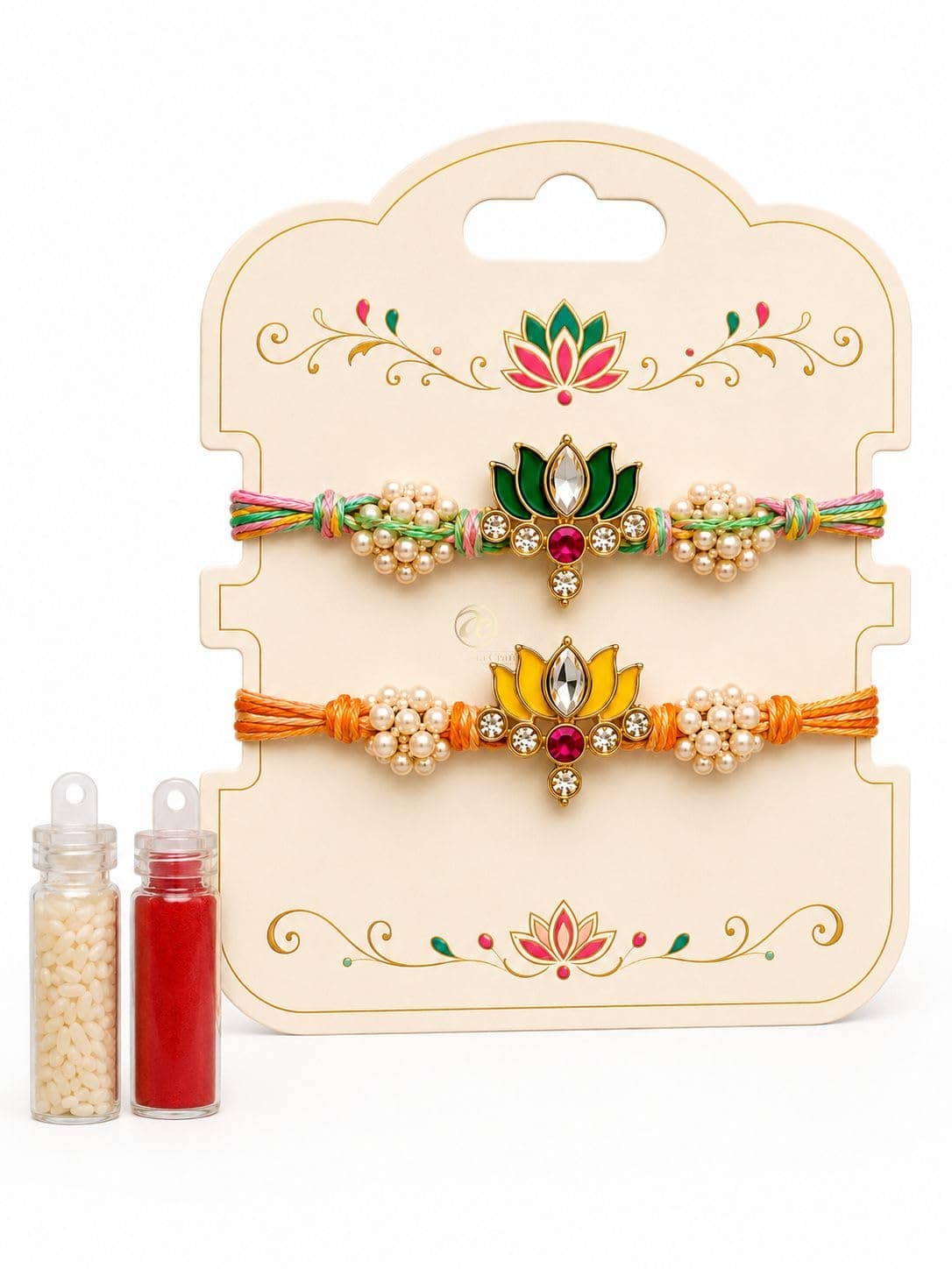 Arrakasta Crafts Minimalist Premium Kundan Lotus Floral Rakhi For Brother Pack Of 1/2/3/4/5 | Designer Traditional Handmade Pearl Raksha Bandhan Moli Thread Bracelet Combo For Bhai, Bhaiya, Sister, Sister In Law, Men, Kids, Teens & Boys