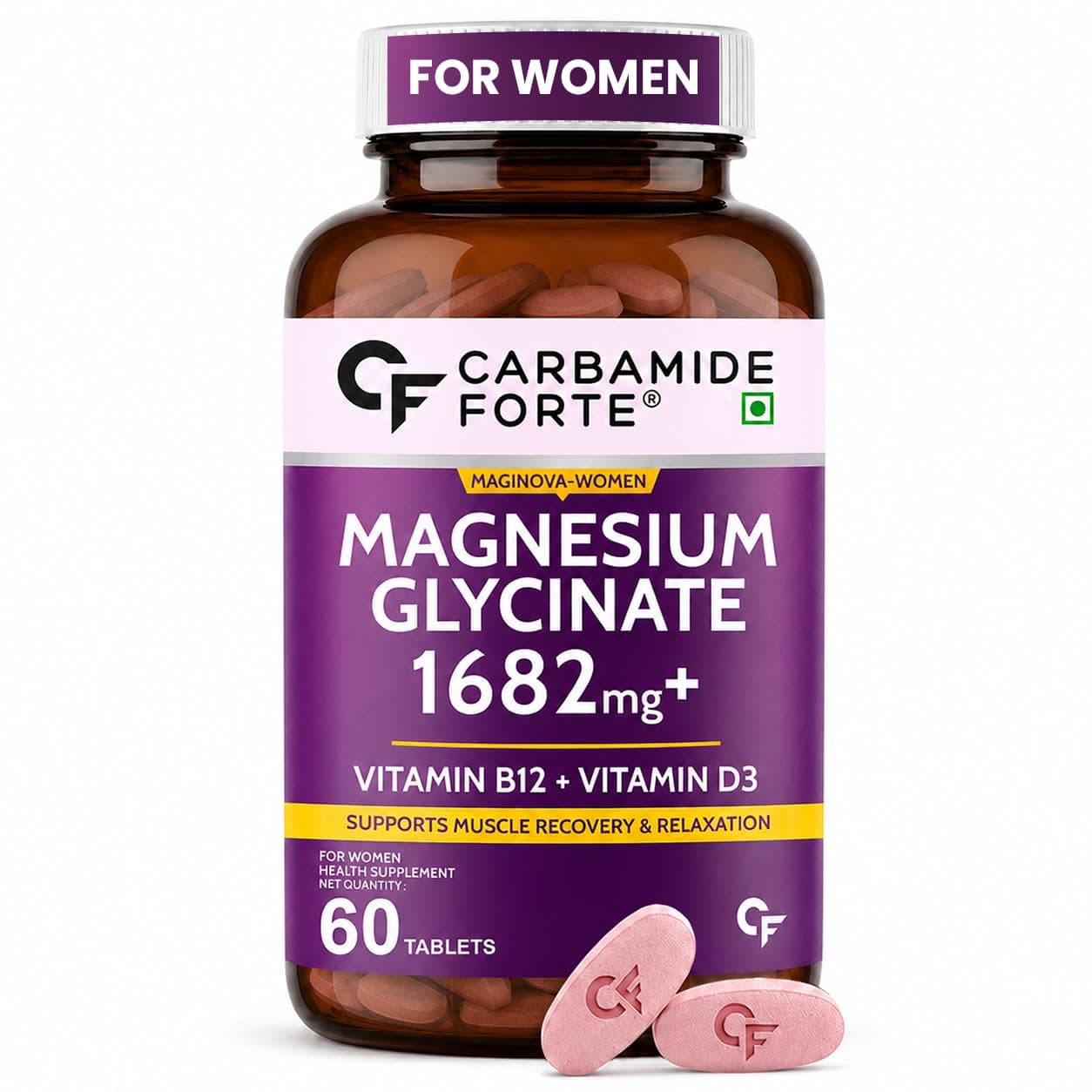 Carbamide Forte Magnesium Glycinate for Women 1682mg | Magnesium supplement for women with Vitamin D3 & B12 | High Absorption Formula For Muscle Recovery, Sleep & Bone Health | 60 Veg Tablets