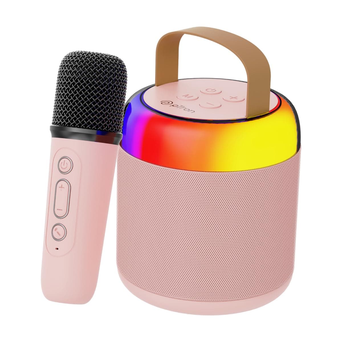pTron Newly Launched Fusion Bliss 16W Bluetooth Speaker with Wireless Karaoke Mic, 6H Playtime, Vibrant RGB Lights, Voice Effects, Multi-Play Modes BT5.3/TF Card & Type-C Charging Port (Light Pink)