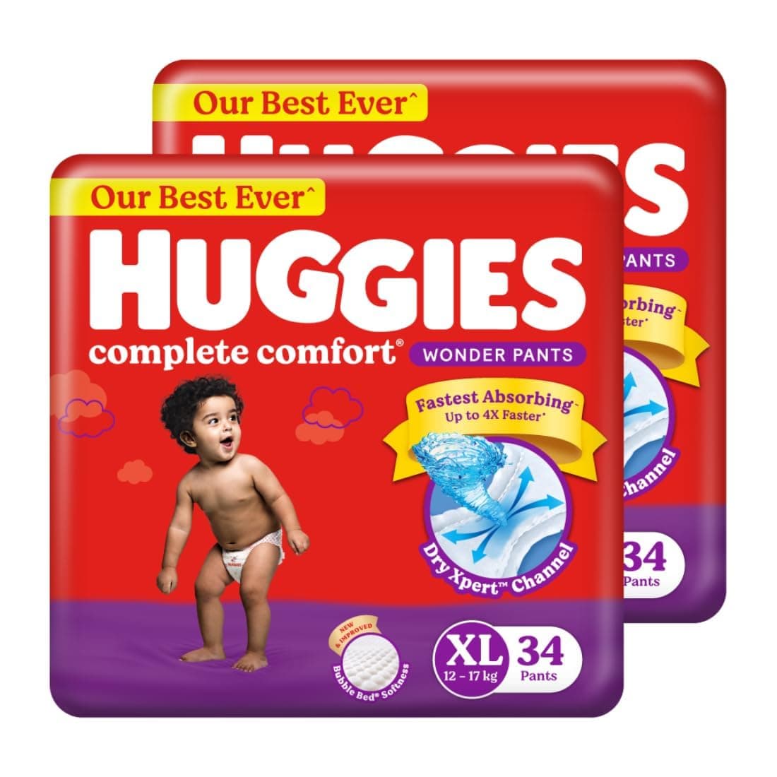 Huggies Complete Comfort Wonder Pants | Pant Style Baby Diapers Extra Large Size (XL), 68 Count | India's Fastest Absorbing Diaper, Prevents Diaper Rash, Ideal for 12 to 17 Kgs (34 Count, Pack of 2)