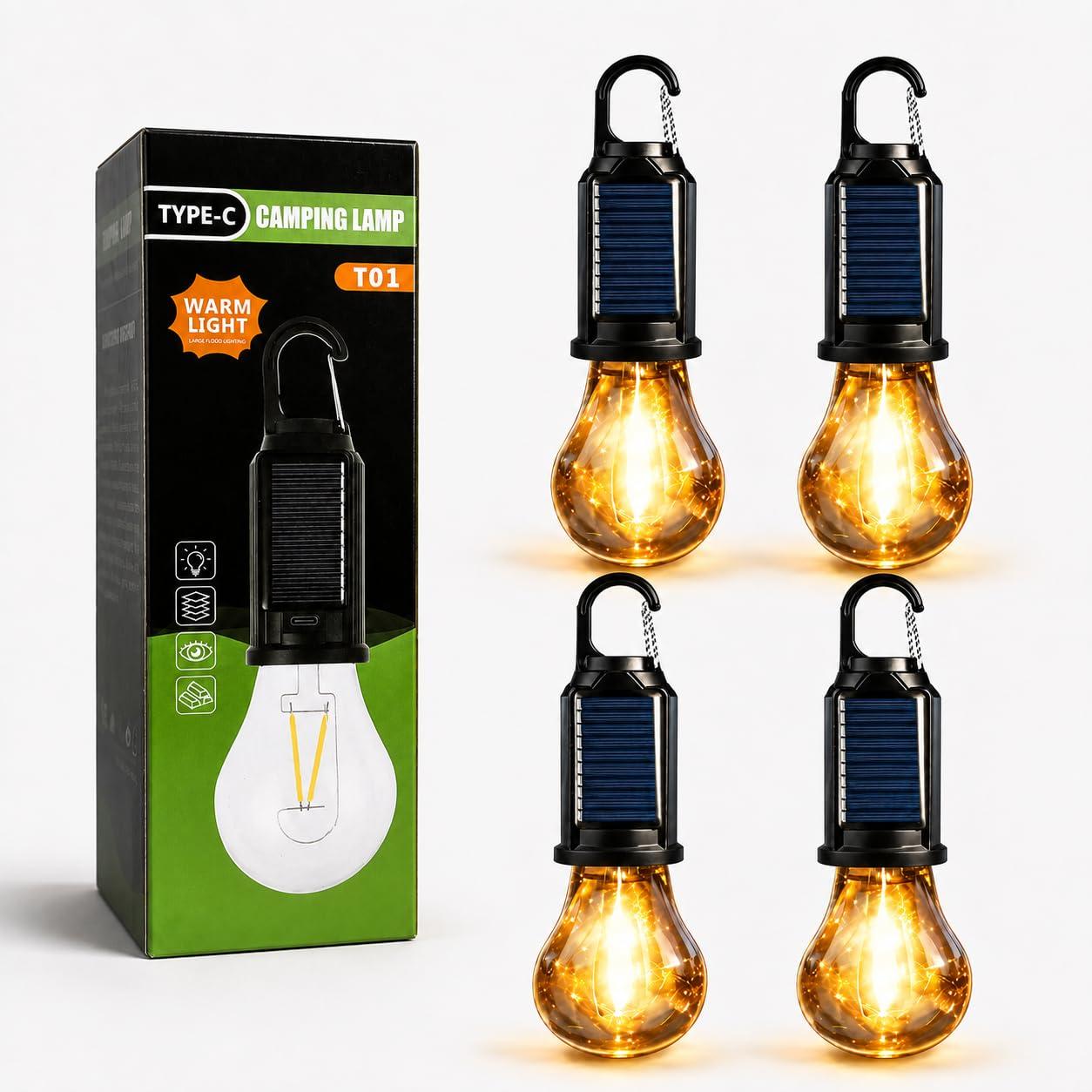 PRANKPOND Solar Powered Rechargeable Camping Light Bulb with Hanging Hook, Portable LED Tent Lantern with USB Type-C Charging for Camping, Hiking, Trekking, Emergency, Outdoor & Home Use, Pack of 4