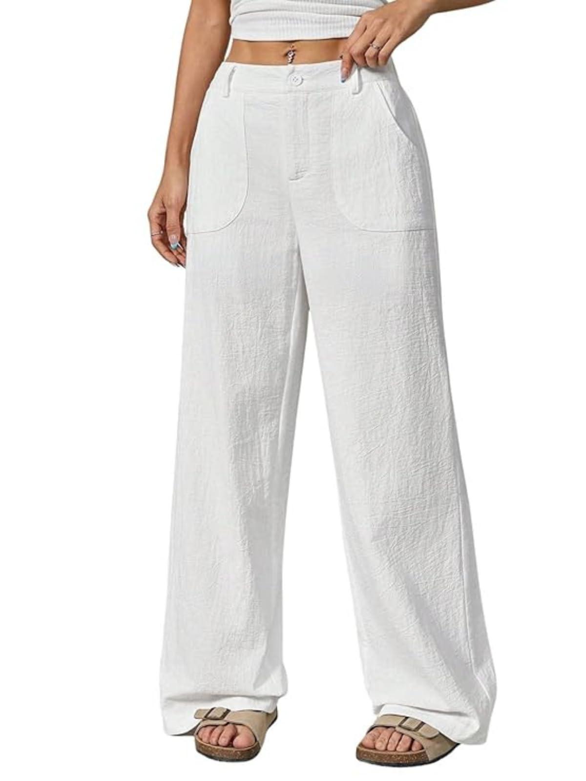 GRECIILOOKS Beige Wide Leg Linen Trousers for Women | High Waist Cotton Baggy Korean Style Casual Pants | Comfortable Formal & Casual Women Trousers