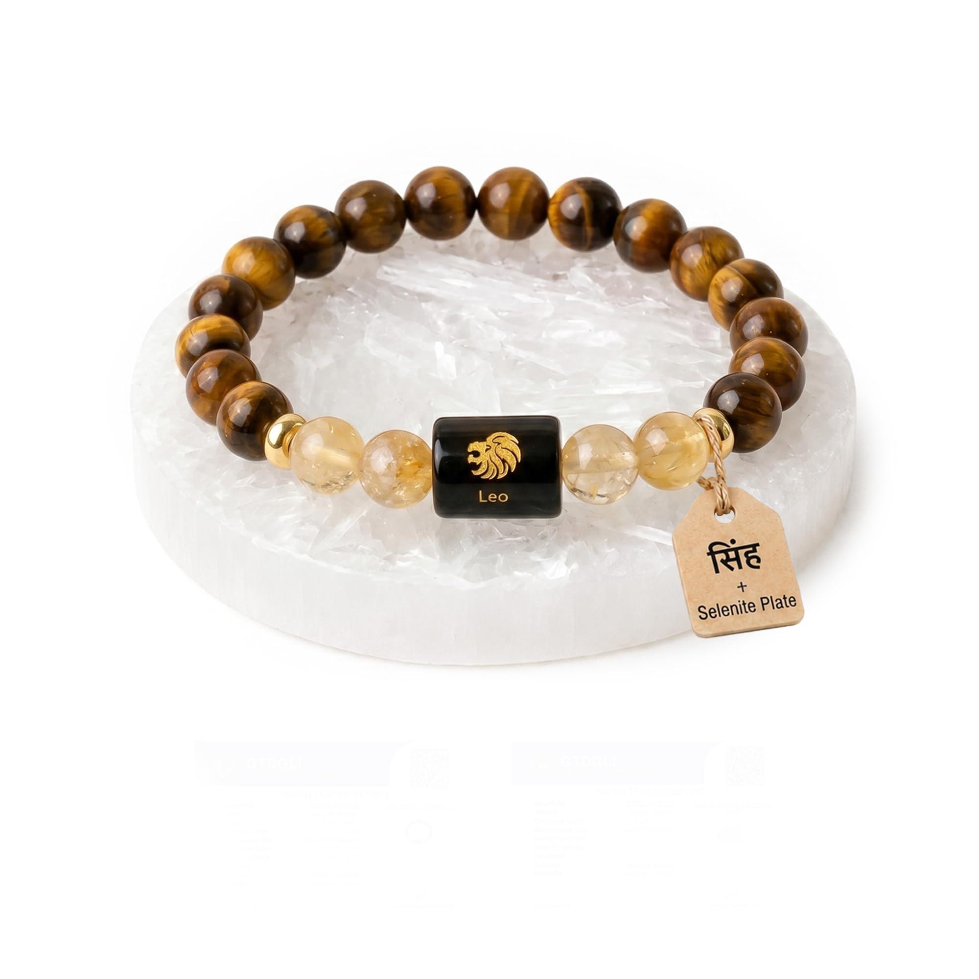 Astrotalk Leo (सिंह राशि) Zodiac Bracelet with Raw Selenite Plate | Crystals for Confidence & Focus | Tiger Eye & Citrine Stone | Bracelet for Man & Woman | Gift for Man & Woman