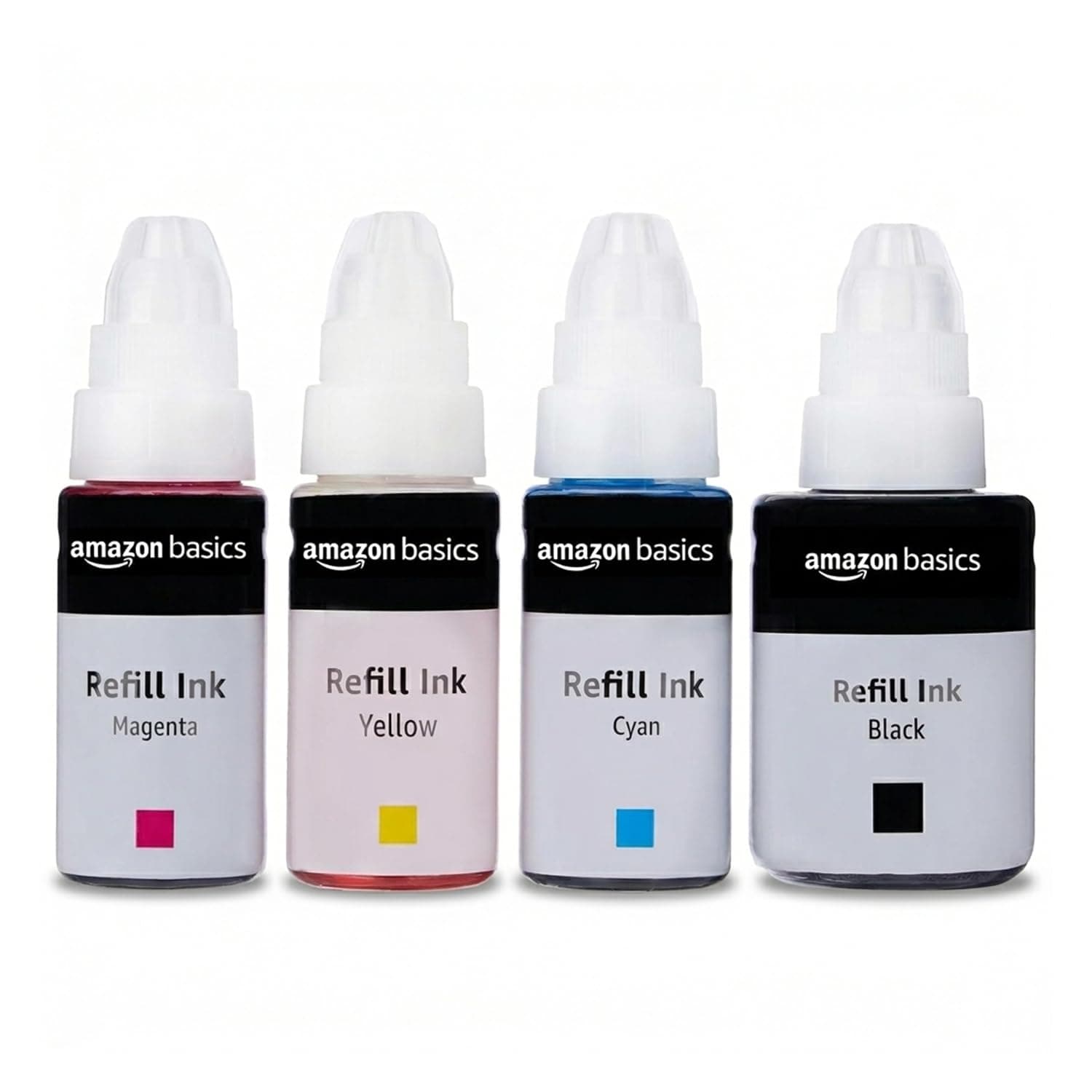 amazon basics GI 790 Ink Refill for Canon PIXMA G1000, G1010, G1100, G2000, G2002, G2012, G2100, G3000, G3010, G3012, G3100 Printers Ink|Perfect Compatibility|Leak-Proof (Black, Yellow, Cyan, Magenta)