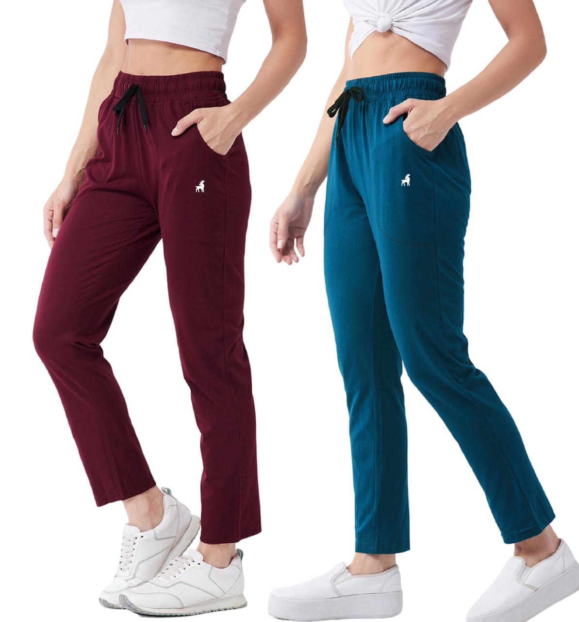 Modeve Women High Rise Cotton Blend Pack of 2 Track Pant for Summer || Lower || Pyjama || Lounge Pants_Teal and Wine_X-Large |Fit Type: Regular Fit