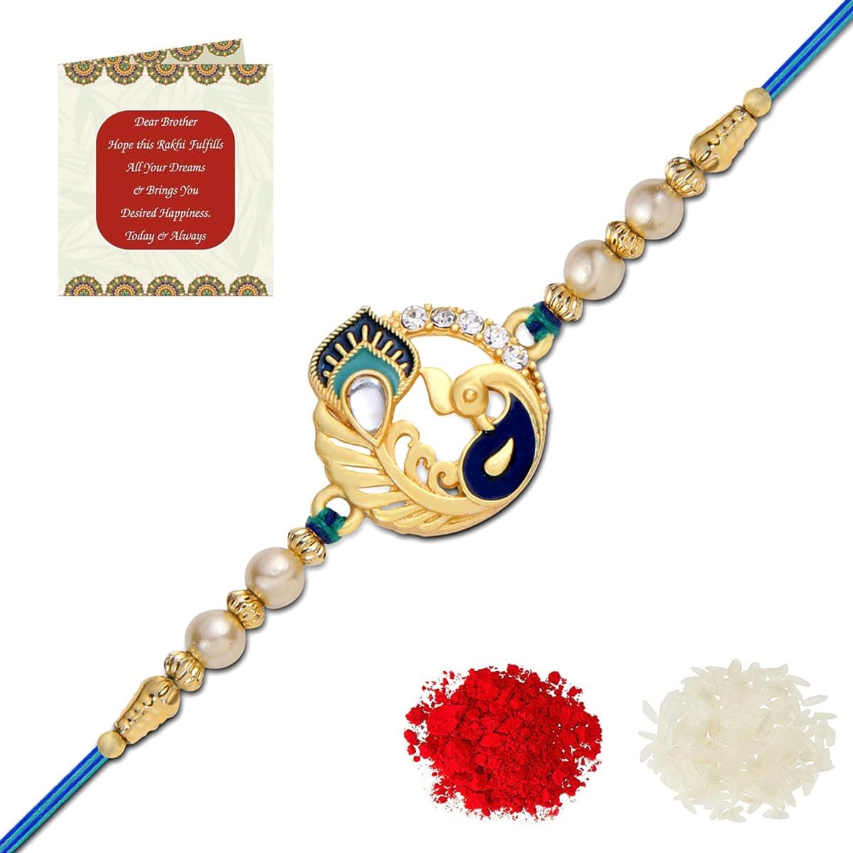 Riddhika Ventures Glorious Gold Plated Meenakari Peacock Rakhi with Roli Chawal and Greeting Card (P1)