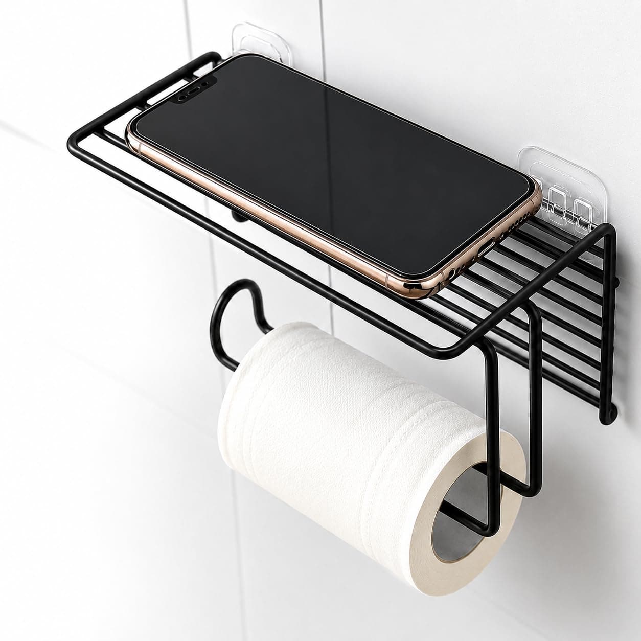 Zollyss 1 Pc Adhesive Toilet Paper Holder with Shelf Tissue Paper Roll Towel Holder Storage Rack - (Standard Size, Black)